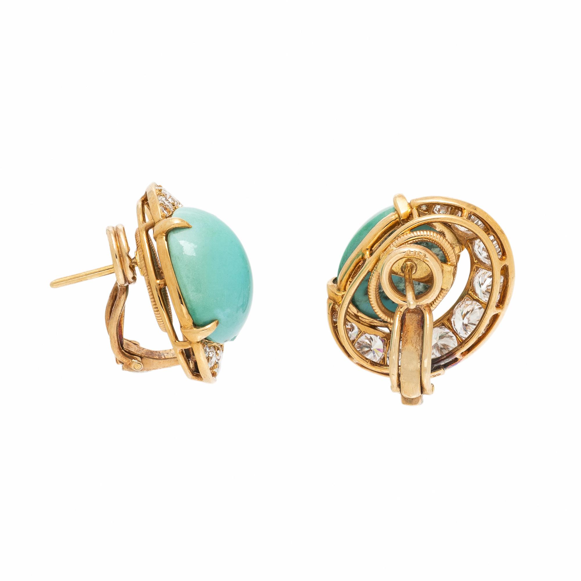 JACQUES TIMEY, TURQUOISE, DIAMOND, AND YELLOW GOLD EARRINGS