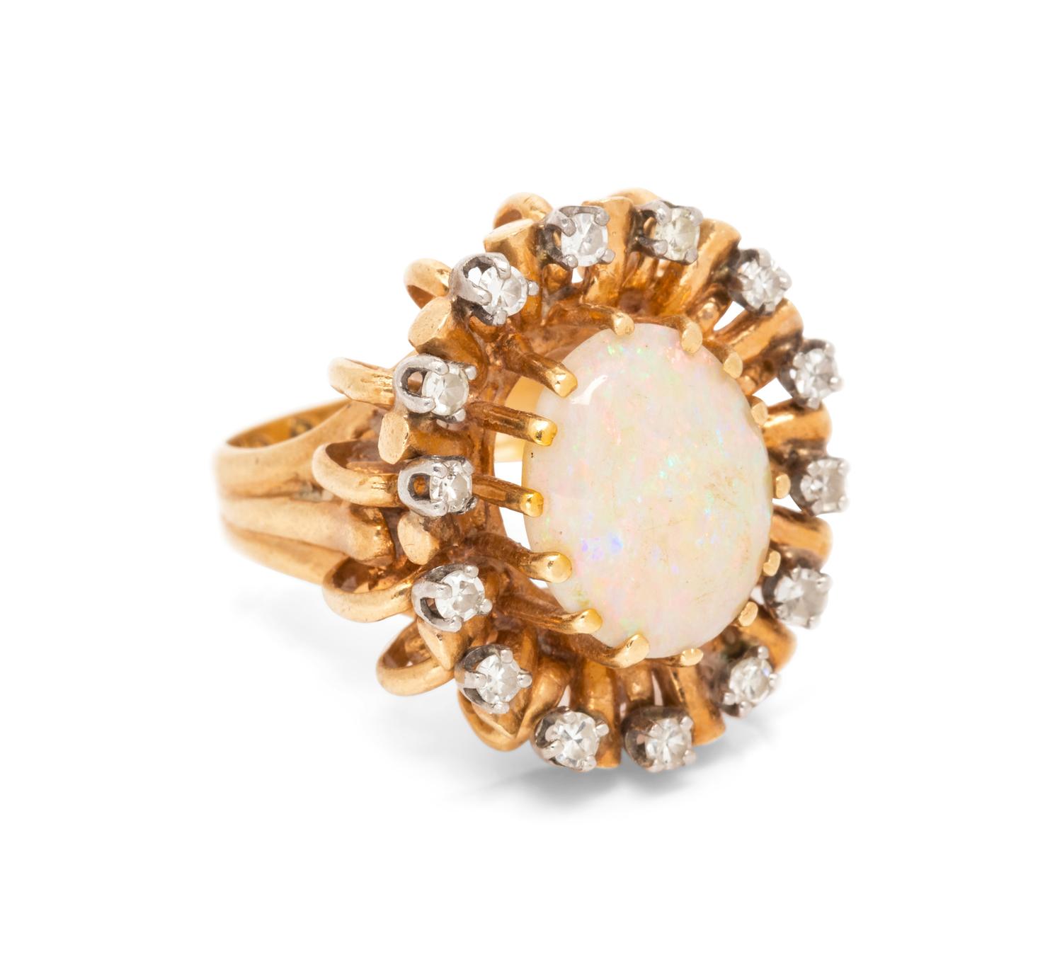 A 14 Karat Yellow Gold, Opal and Diamond Ring,