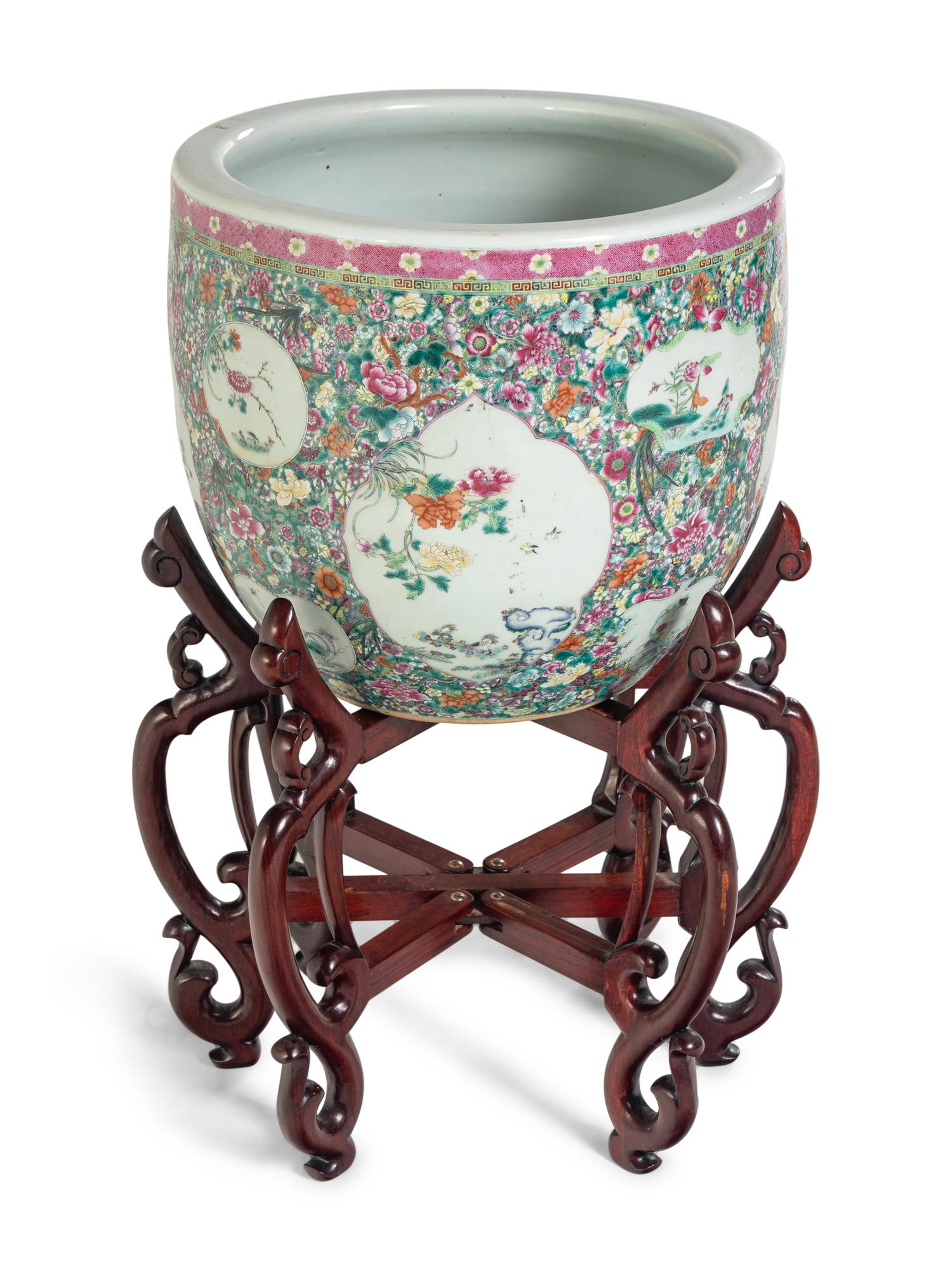 A Large Chinese Famille Rose ‘Millefleur’ Porcelain Fish Bowl