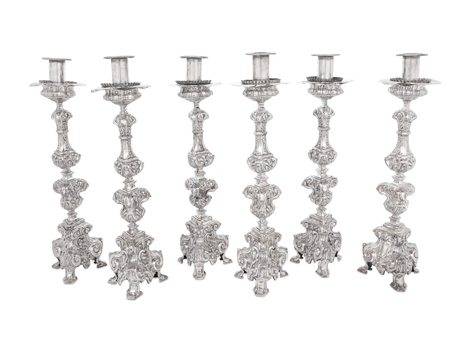 A Set of Six Italian Silver-Plate Altar Candlesticks