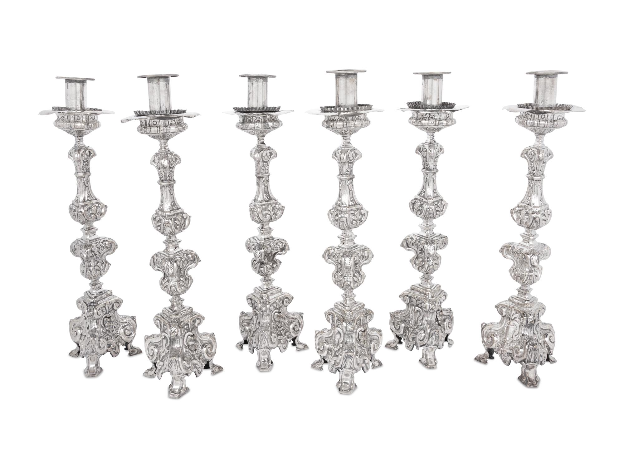 A Set of Six Italian Silver-Plate Altar Candlesticks