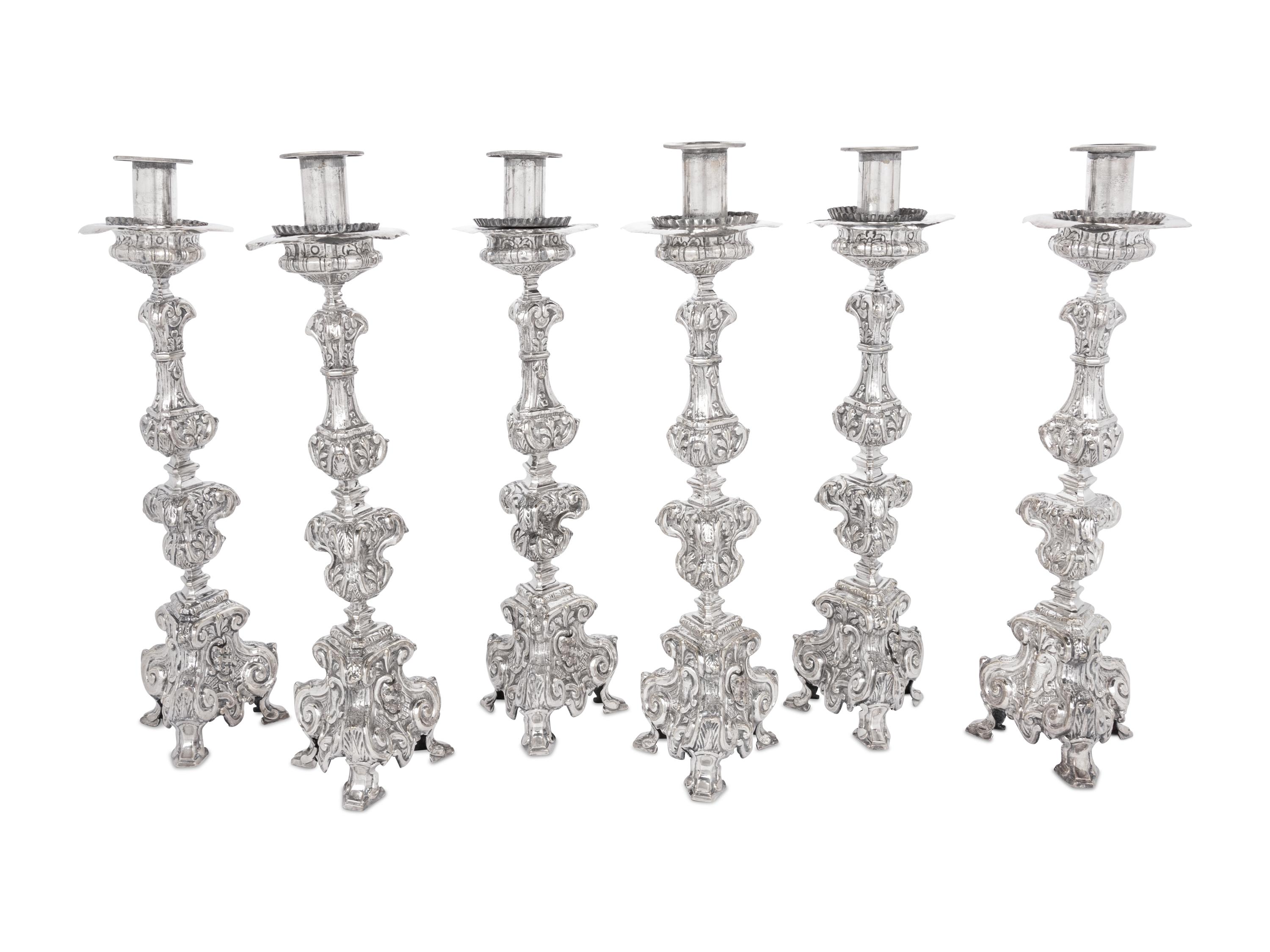 A Set of Six Italian Silver-Plate Altar Candlesticks