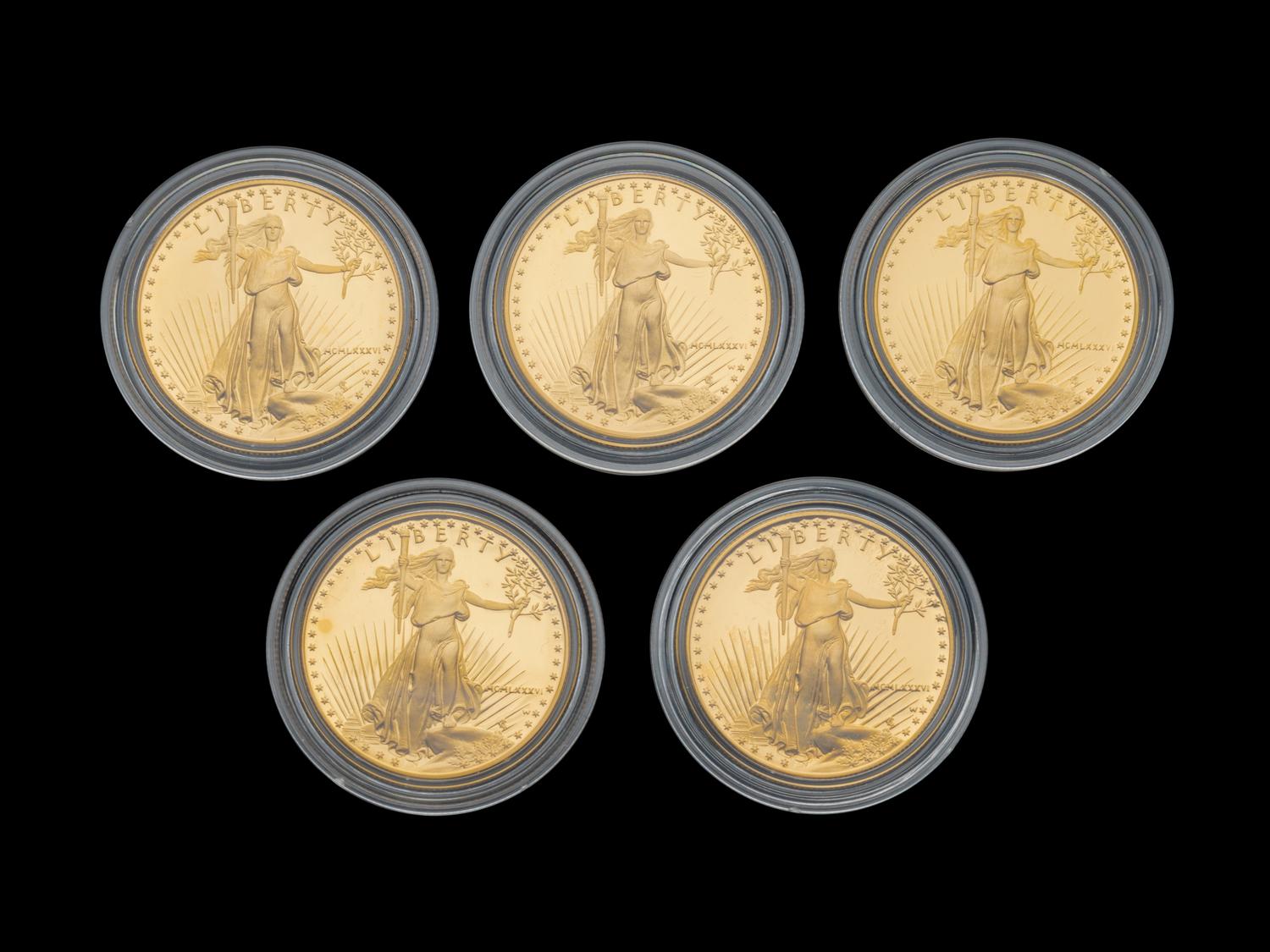 A Group of Five 1986 Gold Eagle 1 Oz. Gold Proofs