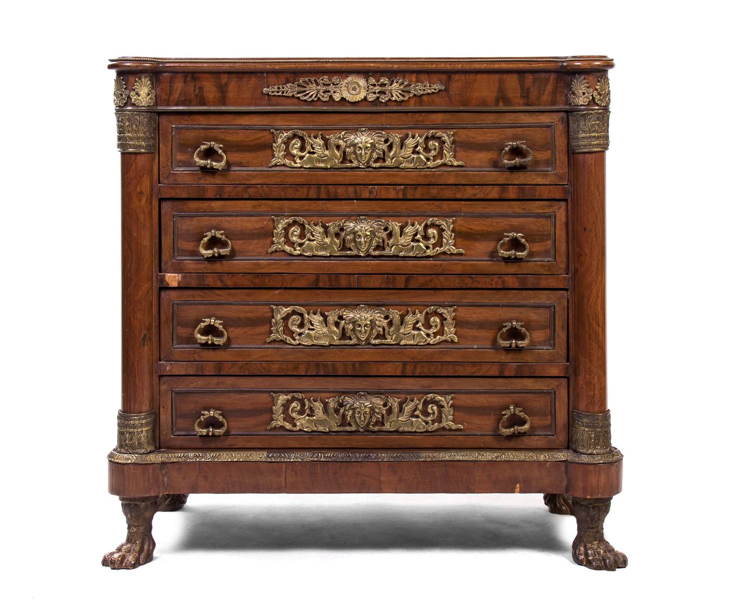 An Empire Style Gilt Metal Mounted Walnut Chest of Drawers, Height 35 x width 35 x depth 17 1/2 inches.