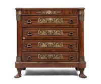 An Empire Style Gilt Metal Mounted Walnut Chest of Drawers, Height 35 x width 35 x depth 17 1/2 inches.