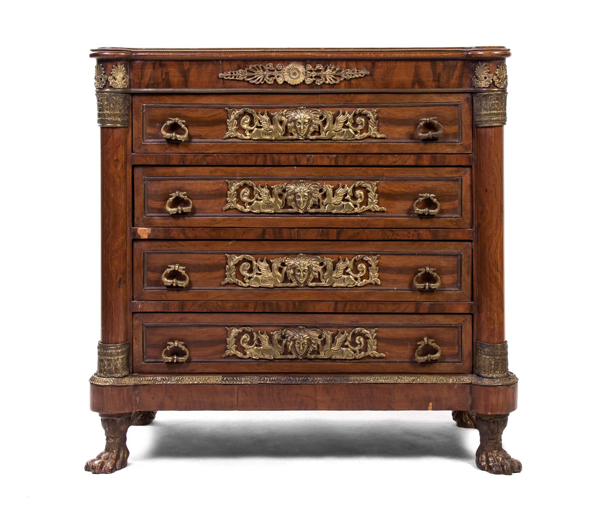 An Empire Style Gilt Metal Mounted Walnut Chest of Drawers, Height 35 x width 35 x depth 17 1/2 inches.