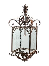 A Pair of Large Continental Wrought Iron and Etched Glass Lanterns