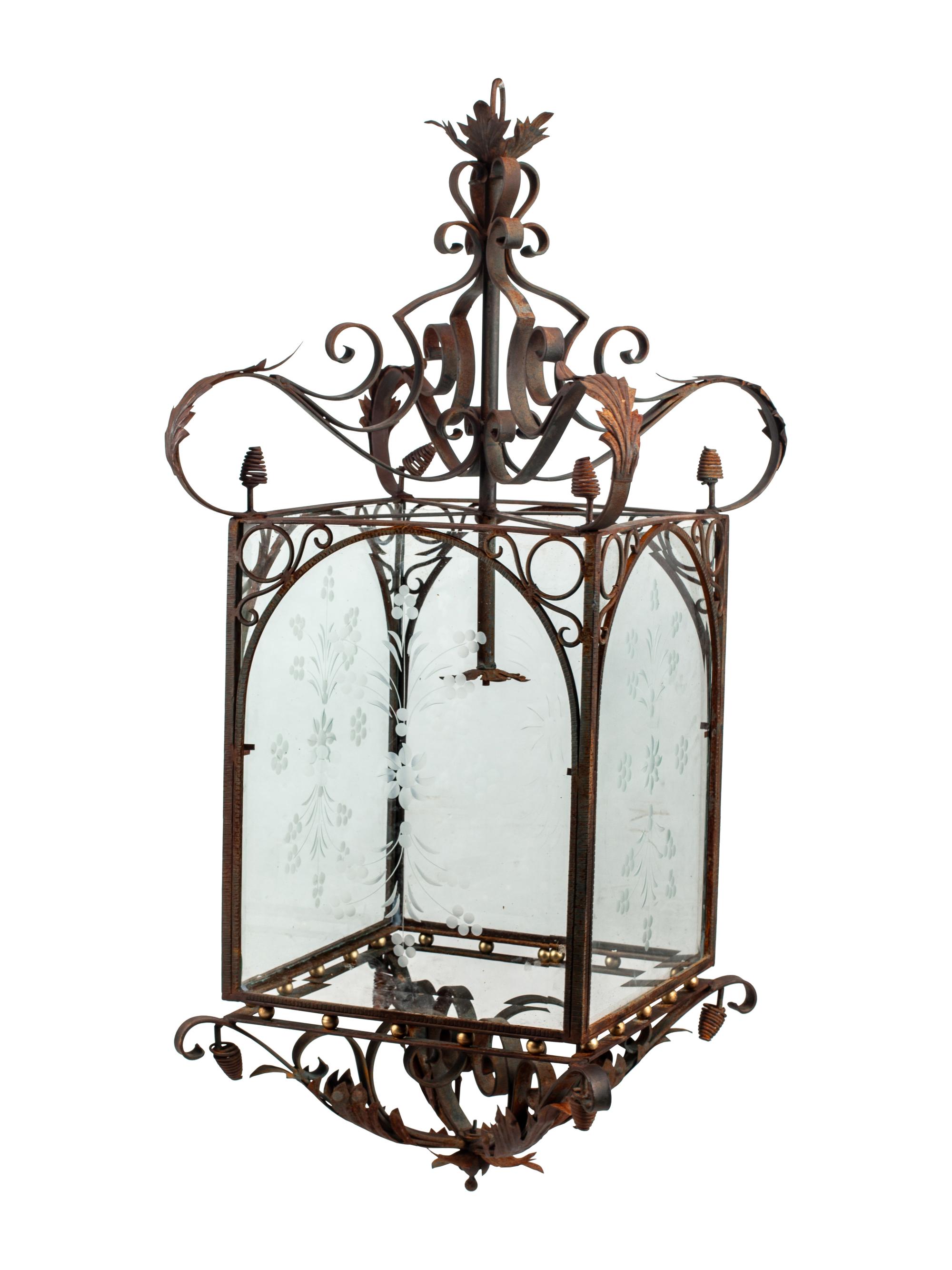 A Pair of Large Continental Wrought Iron and Etched Glass Lanterns