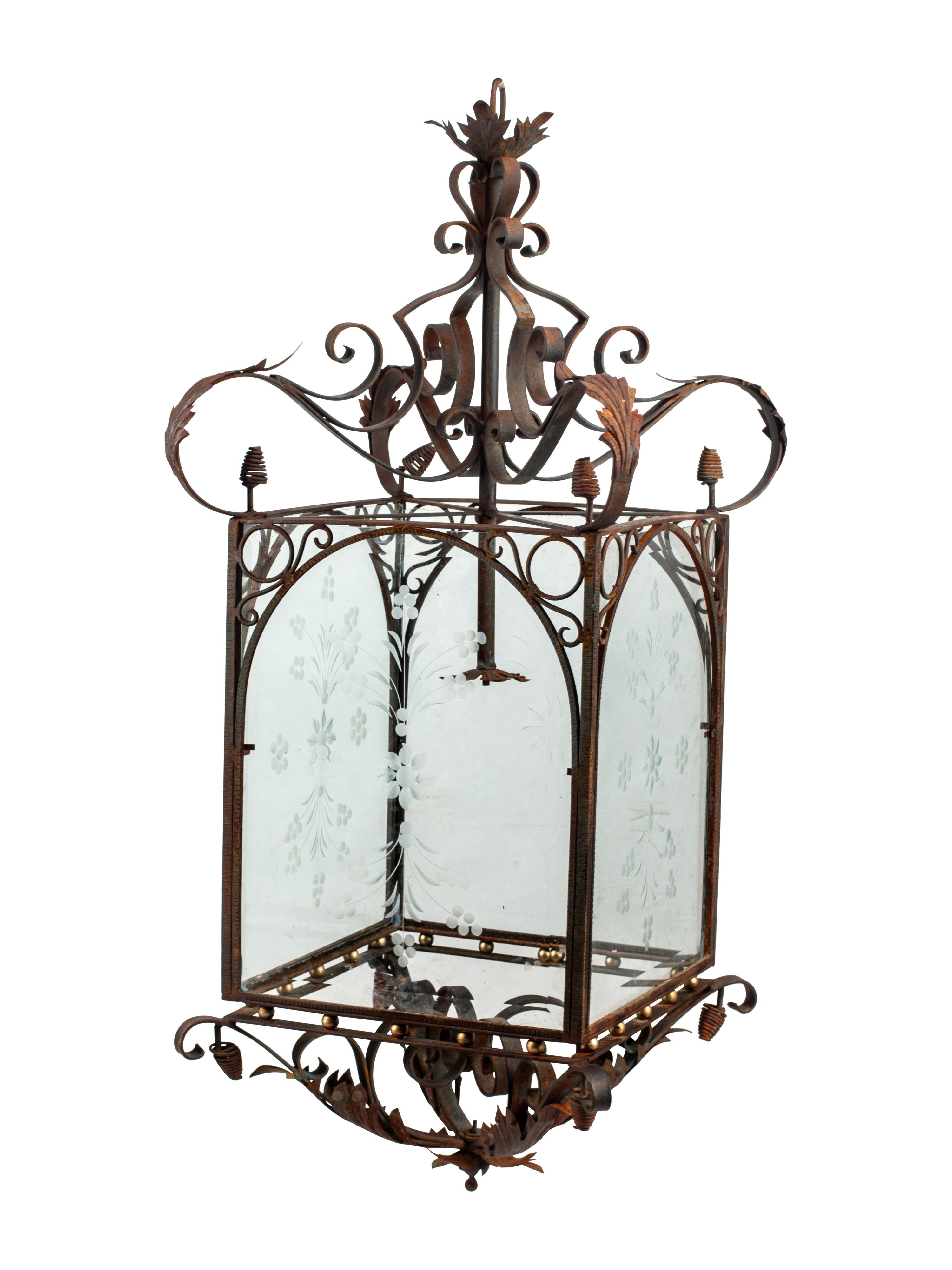 A Pair of Large Continental Wrought Iron and Etched Glass Lanterns