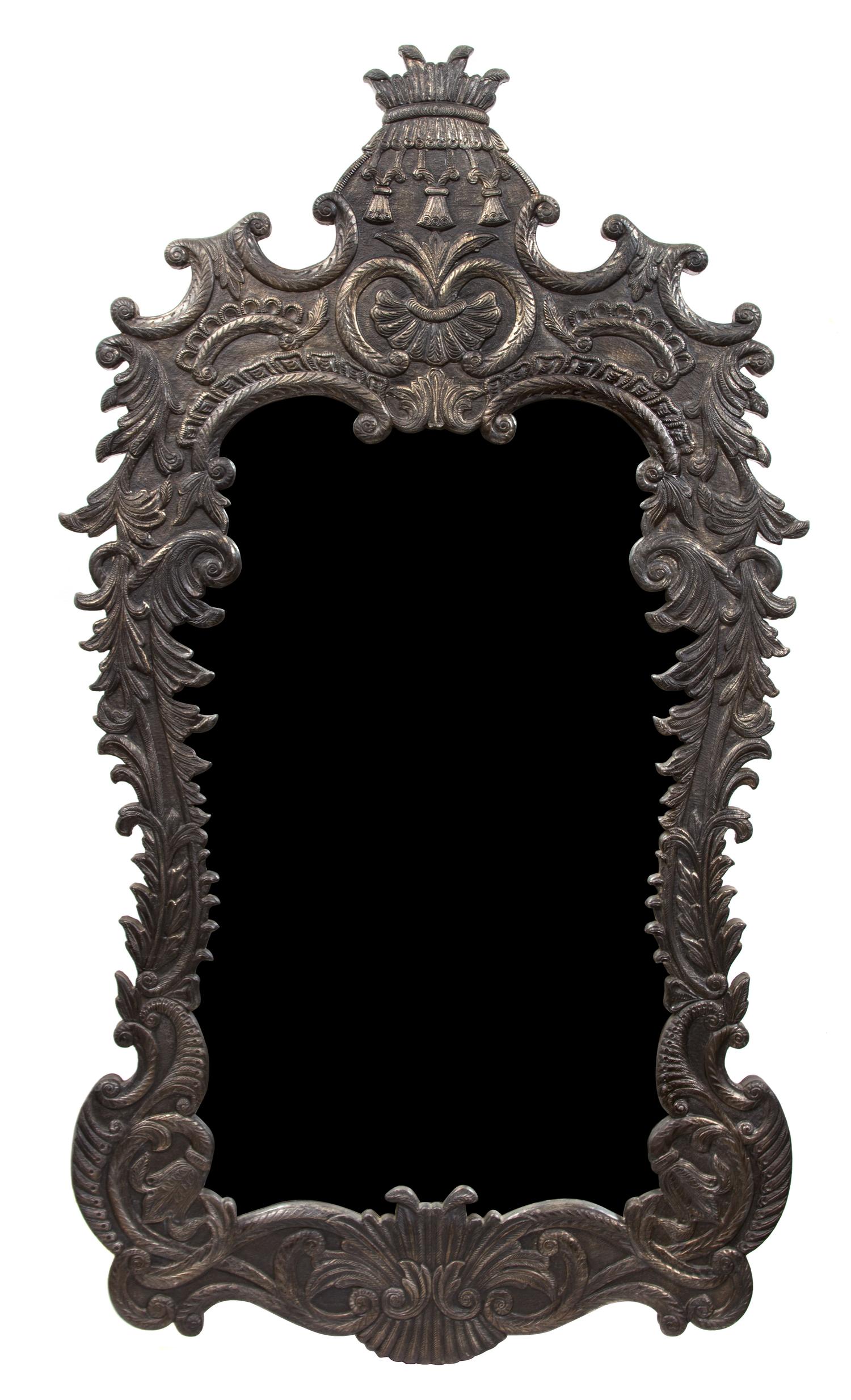 A Baroque Style Stamped Metal Mirror Height 58 x width 32 inches. — 19TH CENTURY