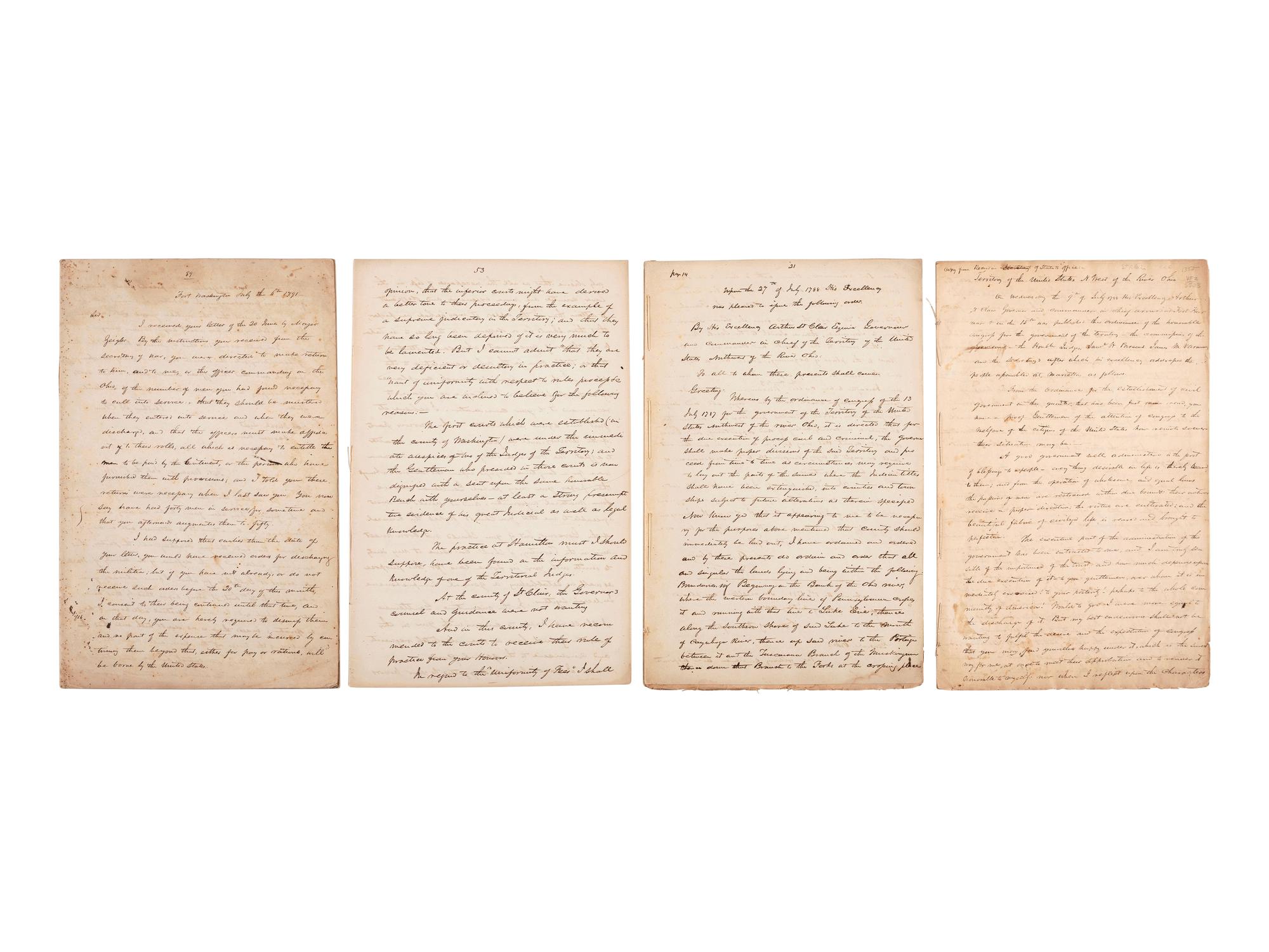 [NORTHWEST TERRITORY]. A collection of letters, orders, and proclamations of Arthur St. Clair (1737-1818) and Winthrop Sargent (1735-1820) regarding the formation of the Northwest Territory. 1788-1791.