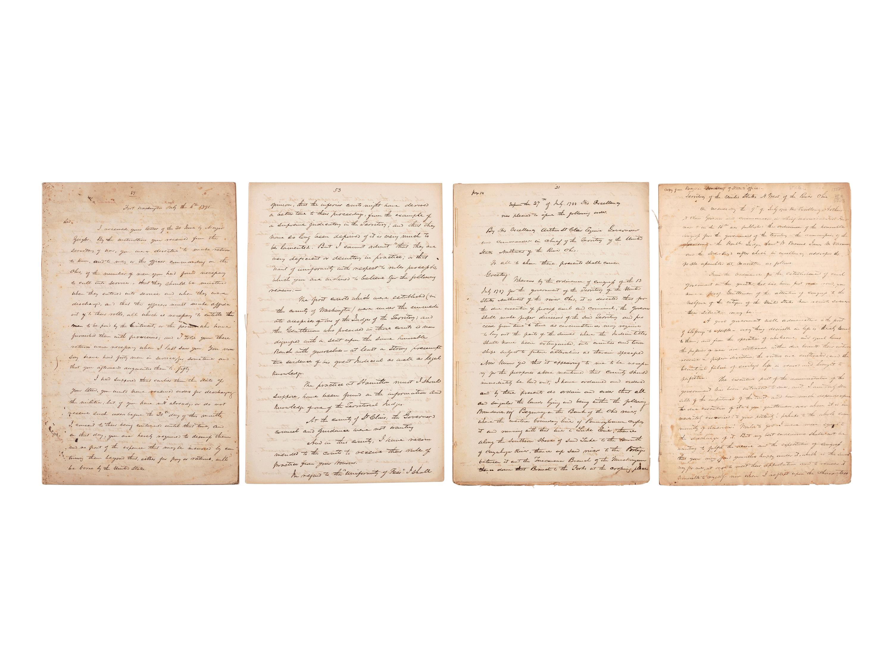[NORTHWEST TERRITORY]. A collection of letters, orders, and proclamations of Arthur St. Clair (1737-1818) and Winthrop Sargent (1735-1820) regarding the formation of the Northwest Territory. 1788-1791.