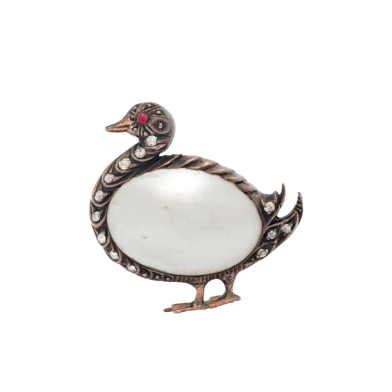 ANTIQUE, BAROQUE PEARL AND DIAMOND DUCK BROOCH