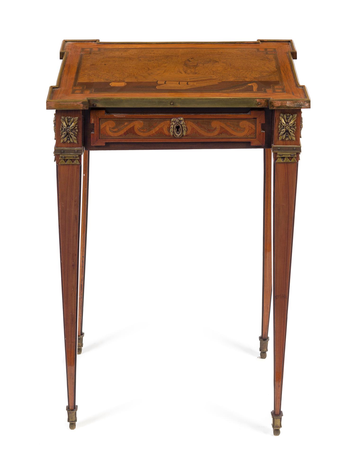 A Louis XVI Gilt Bronze Mounted Marquetry Table a Ecrire Height 27 1/2 x width 18 1/2 x depth 12 1/2 inches. — LATE 18TH CENTURY