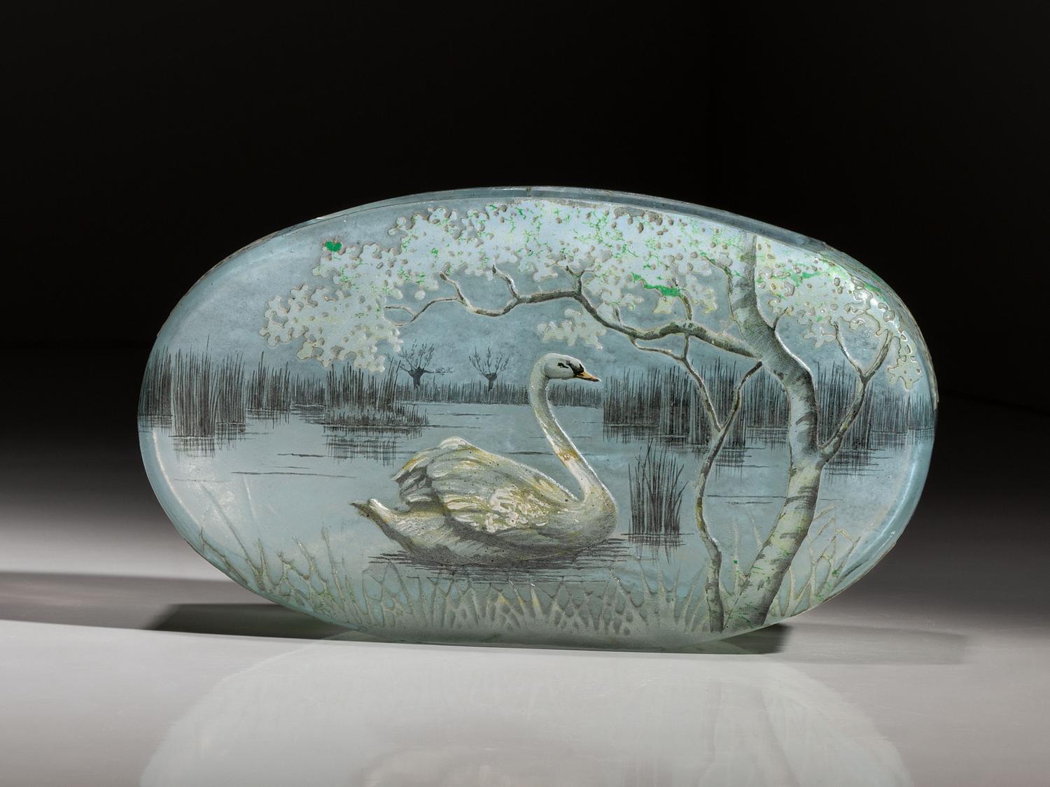 A Daum Enameled Glass Scenic Swan Vase
