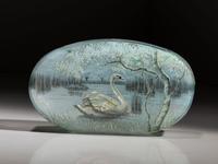 A Daum Enameled Glass Scenic Swan Vase