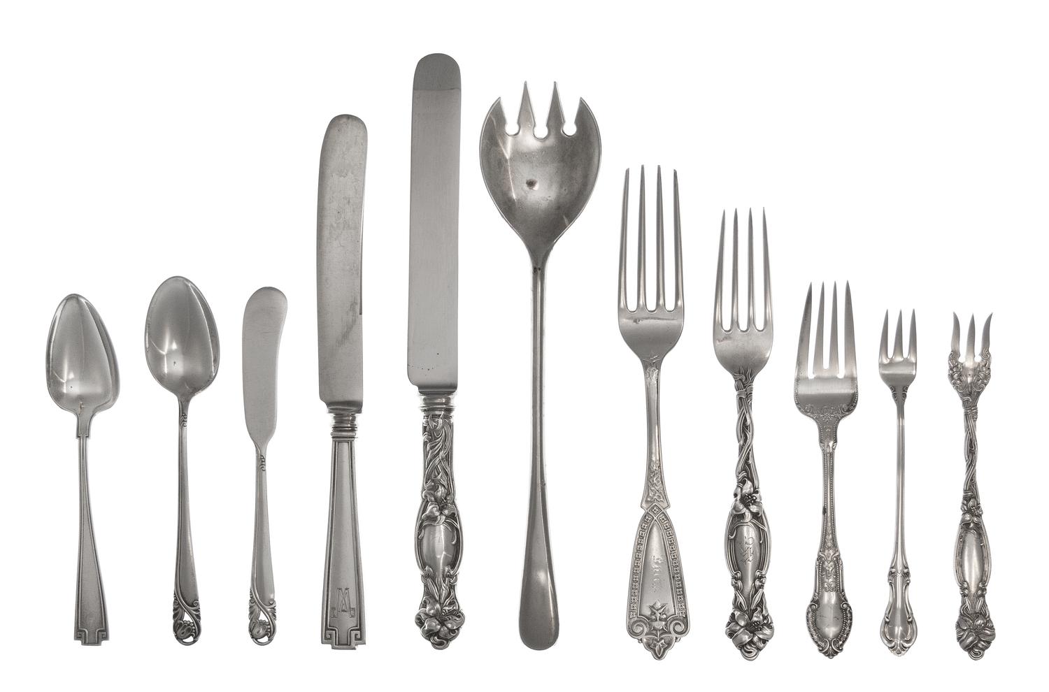 A Collection of American Silver and Silver-Plate Flatware Articles, Various Makers and Patterns, comprising: 27 dinner forks 23 dinner