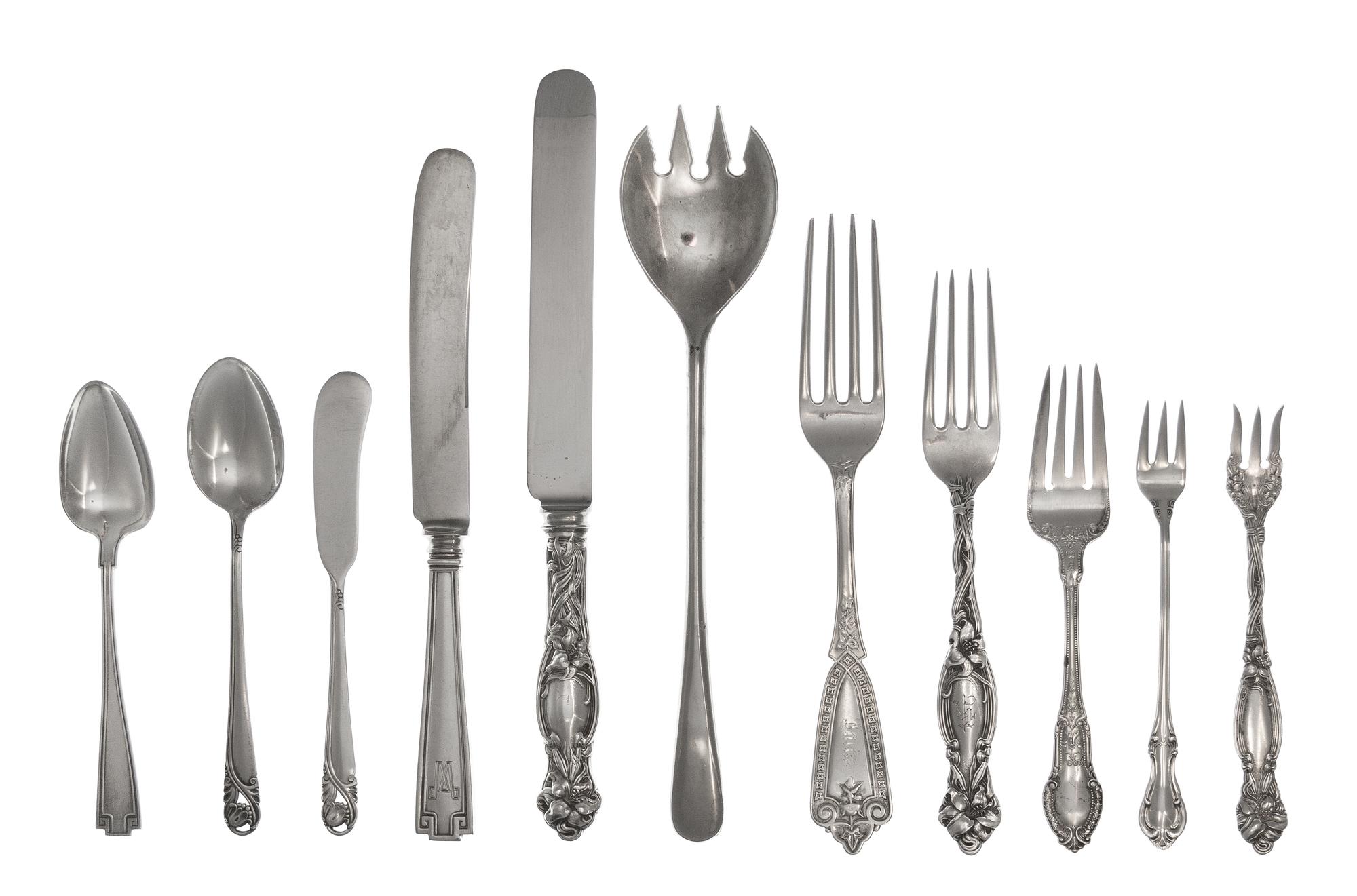 A Collection of American Silver and Silver-Plate Flatware Articles, Various Makers and Patterns, comprising: 27 dinner forks 23 dinner