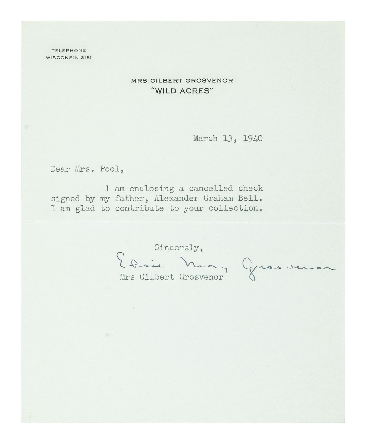 [SCIENCE & TECHNOLOGY]. BELL, Alexander Graham (1847-1922). Personal check signed ("Alexander Graham Bell"). Baddeck, Nova Scotia, 15 April 1909.