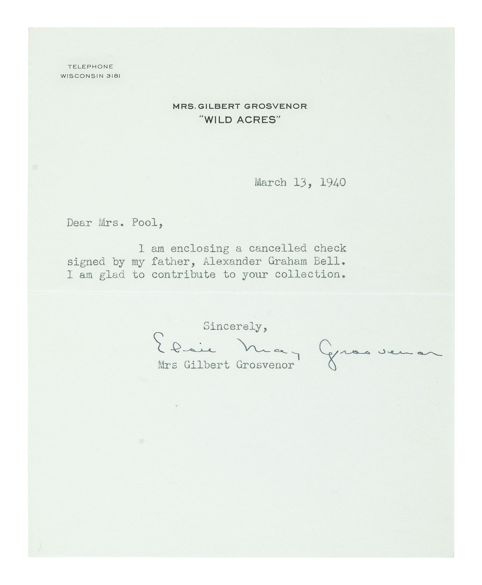 [SCIENCE & TECHNOLOGY]. BELL, Alexander Graham (1847-1922). Personal check signed ("Alexander Graham Bell"). Baddeck, Nova Scotia, 15 April 1909.