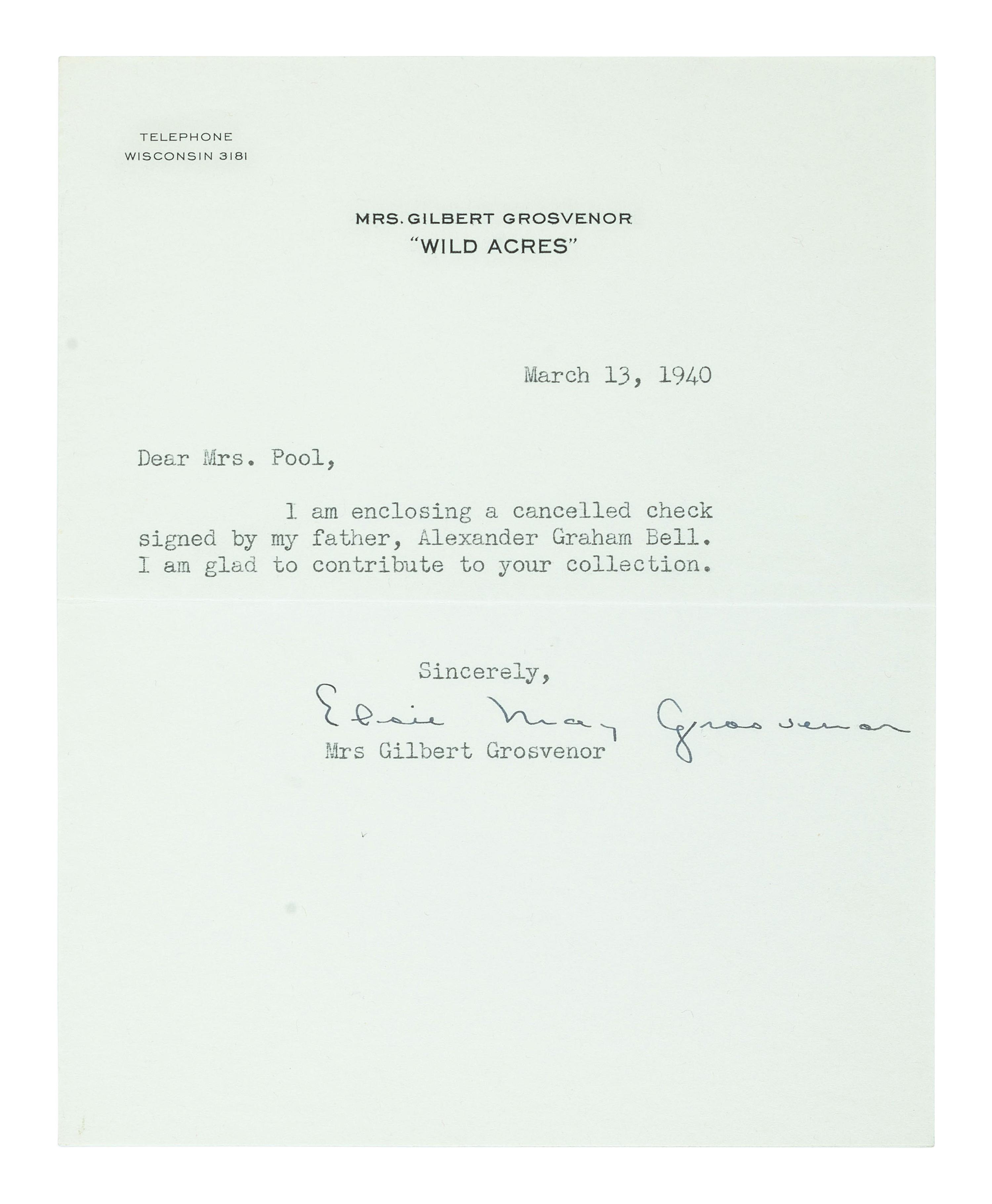 [SCIENCE & TECHNOLOGY]. BELL, Alexander Graham (1847-1922). Personal check signed ("Alexander Graham Bell"). Baddeck, Nova Scotia, 15 April 1909.