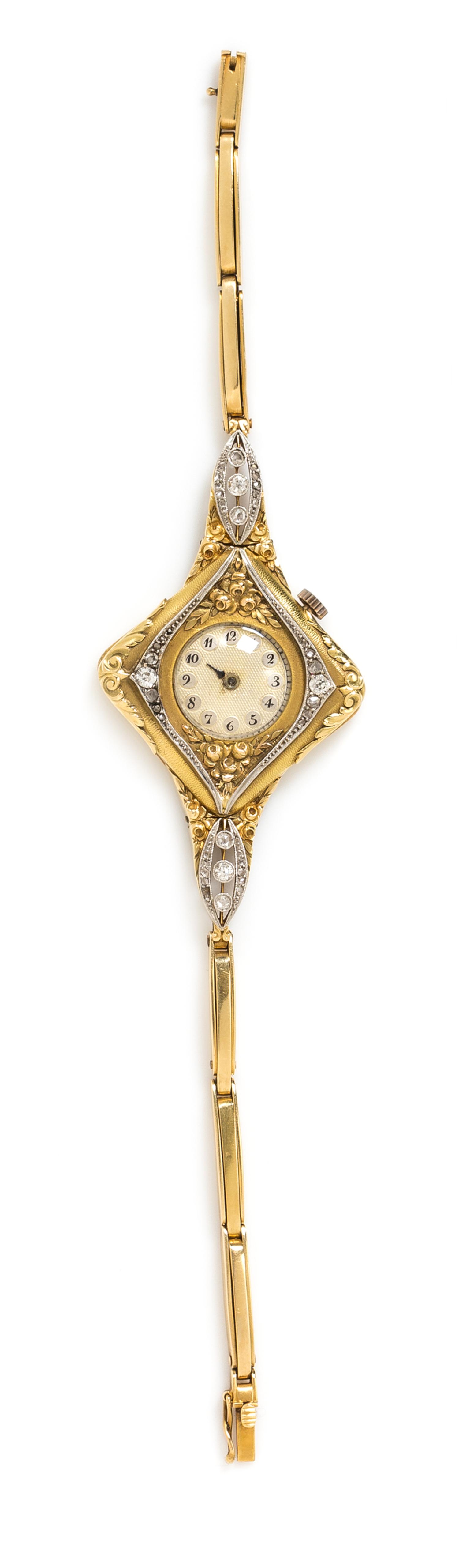 A Belle Epoque 18 Karat Yellow Gold, Platinum and Diamond Wristwatch, French, 19.90 dwts.