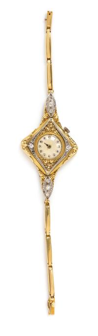 A Belle Epoque 18 Karat Yellow Gold, Platinum and Diamond Wristwatch, French, 19.90 dwts.