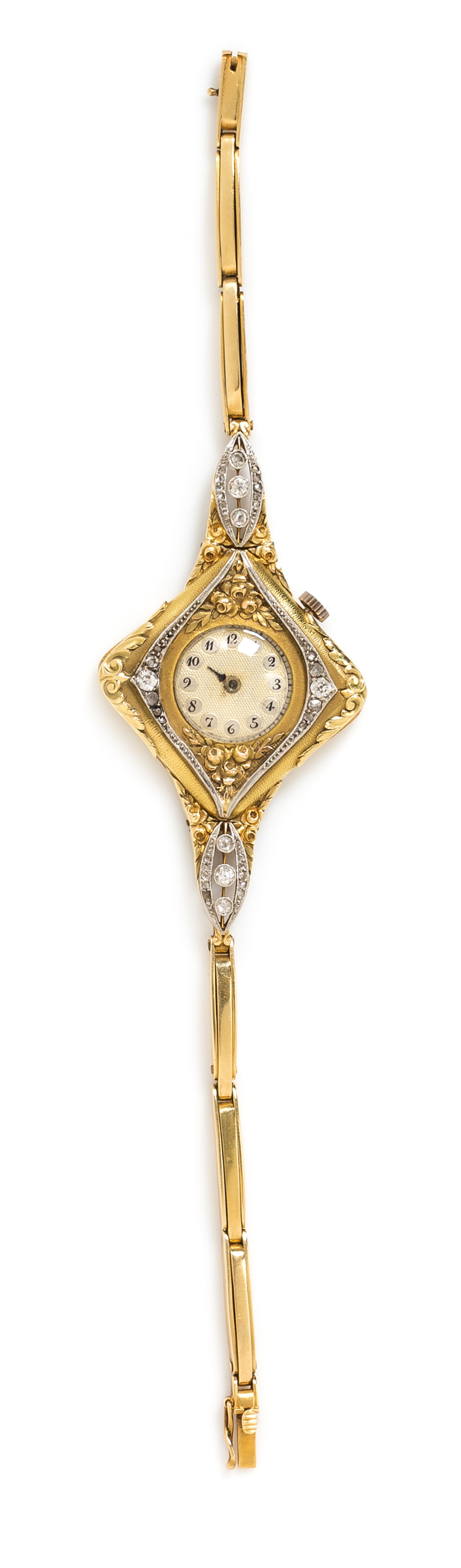 A Belle Epoque 18 Karat Yellow Gold, Platinum and Diamond Wristwatch, French, 19.90 dwts.