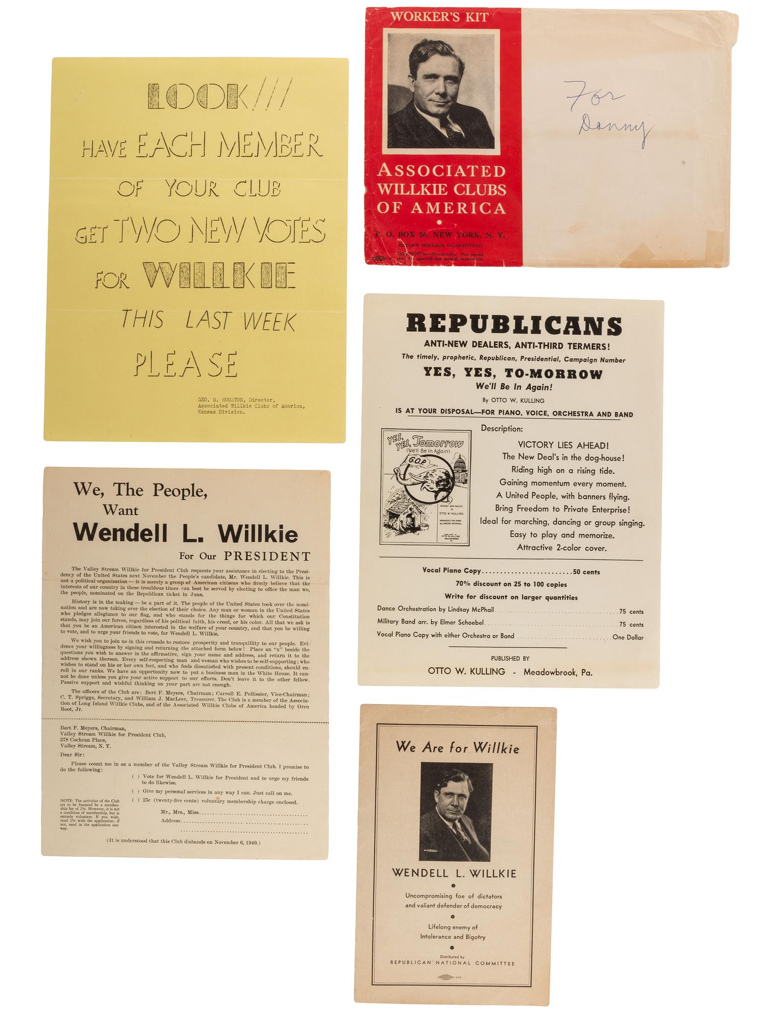 [WILLKIE, Wendell (1892-1944)]. A group of photographs, tickets, publications, sheet music, and other ephemera related Willkie's 1940 presidential nomination and campaign.