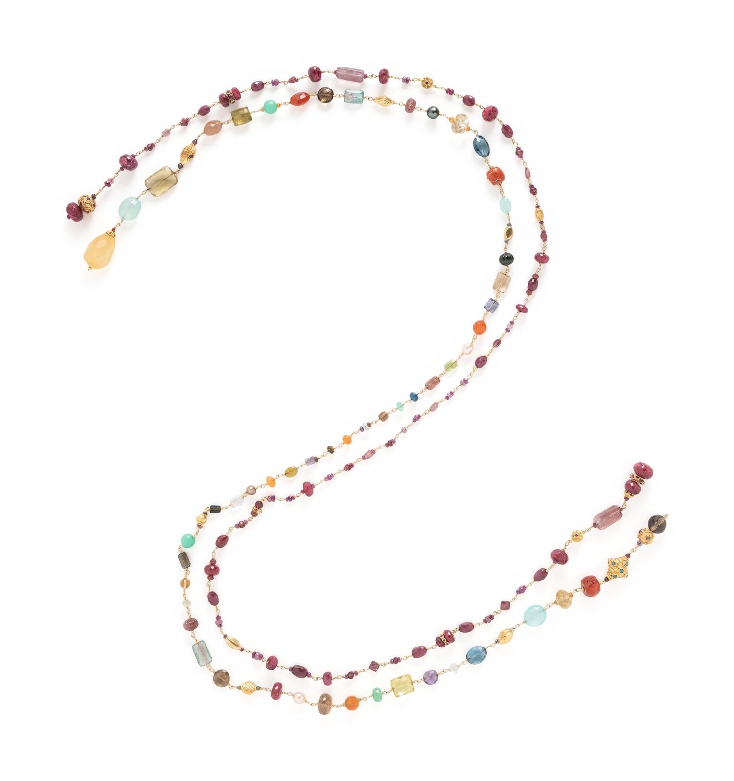 COLLECTION OF YELLOW GOLD AND MULTIGEM LONG CHAINS