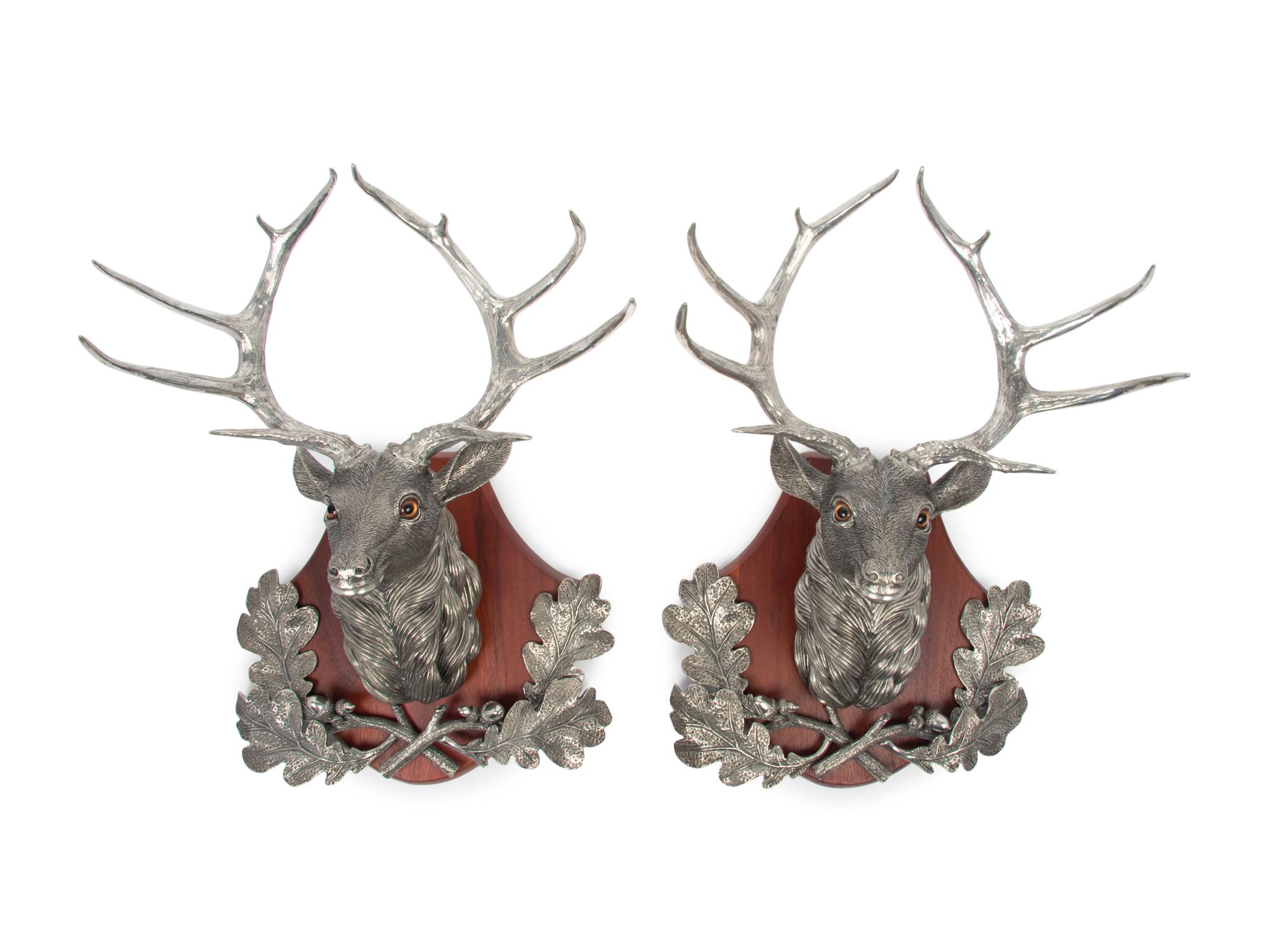 A Pair of Silvered Metal Hunting Trophies