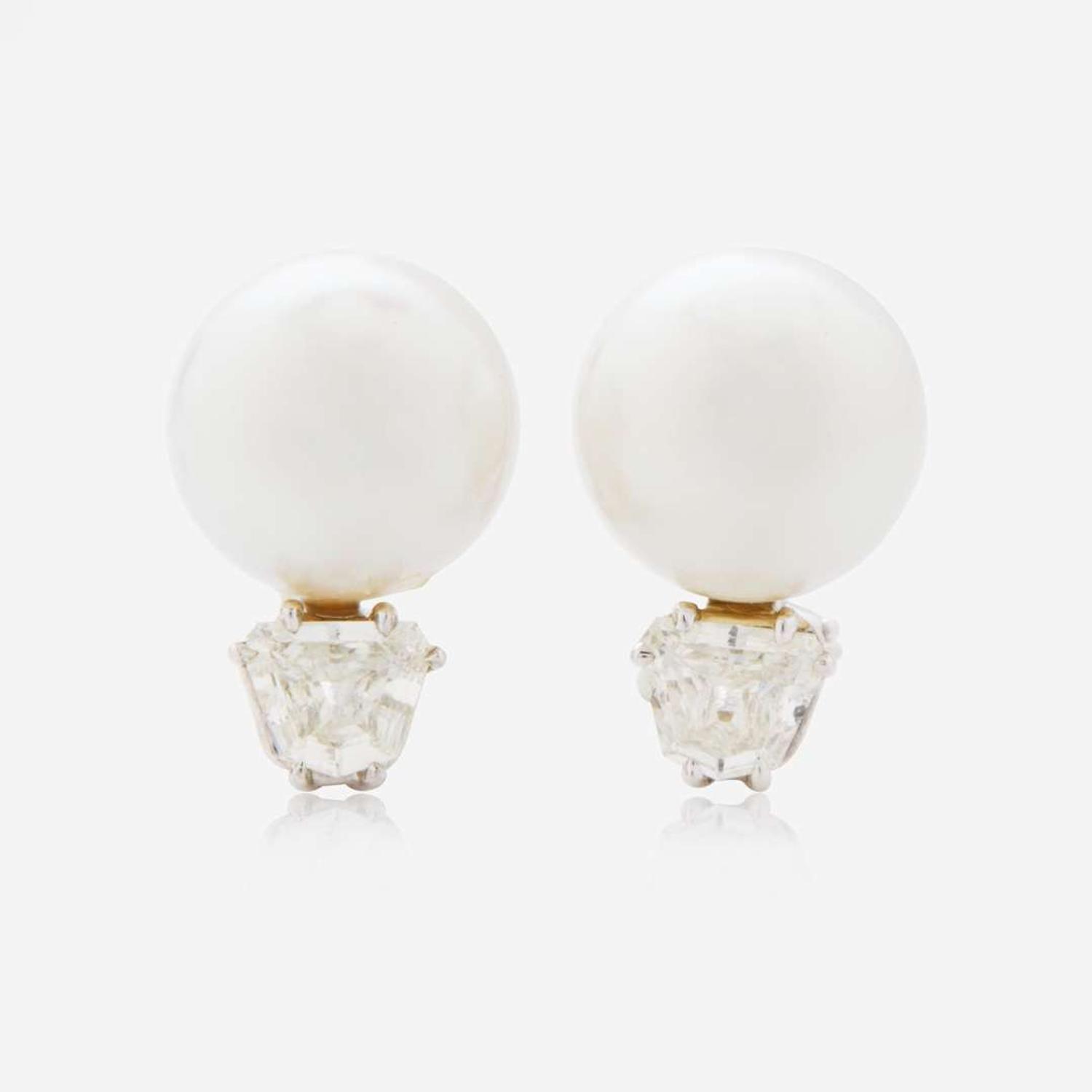 A Pair of 18K South Sea Pearl and Diamond Earrings by Seaman Schepps