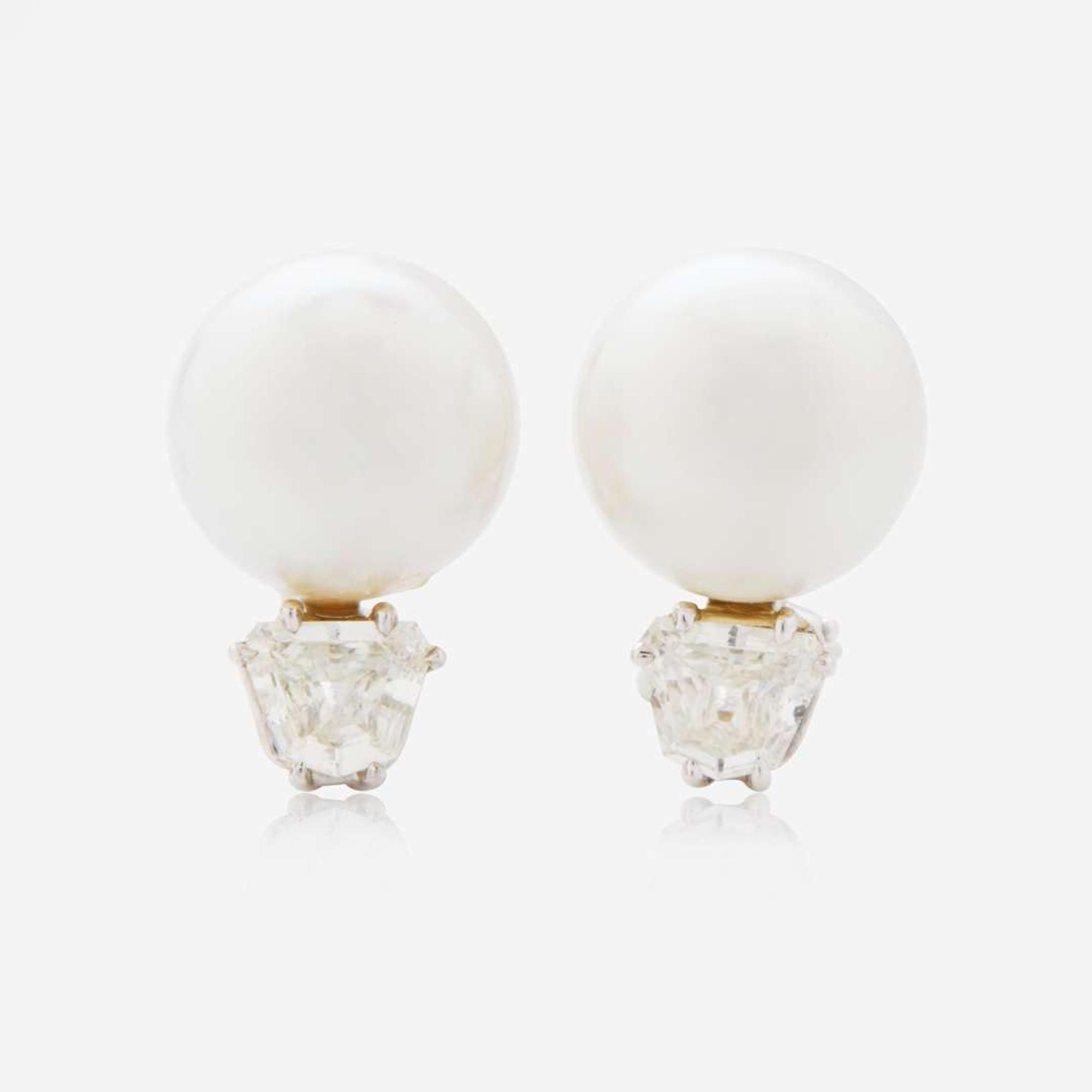 A Pair of 18K South Sea Pearl and Diamond Earrings by Seaman Schepps
