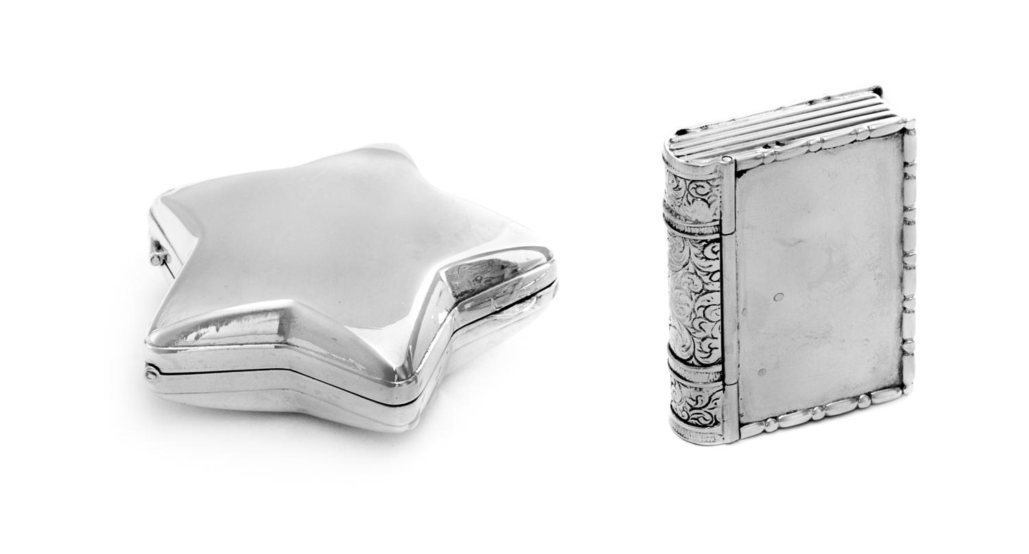 Two Silver Boxes, Various Makers, comprising a silver pill box in the form of a book with English import marks and an Italian silver bo
