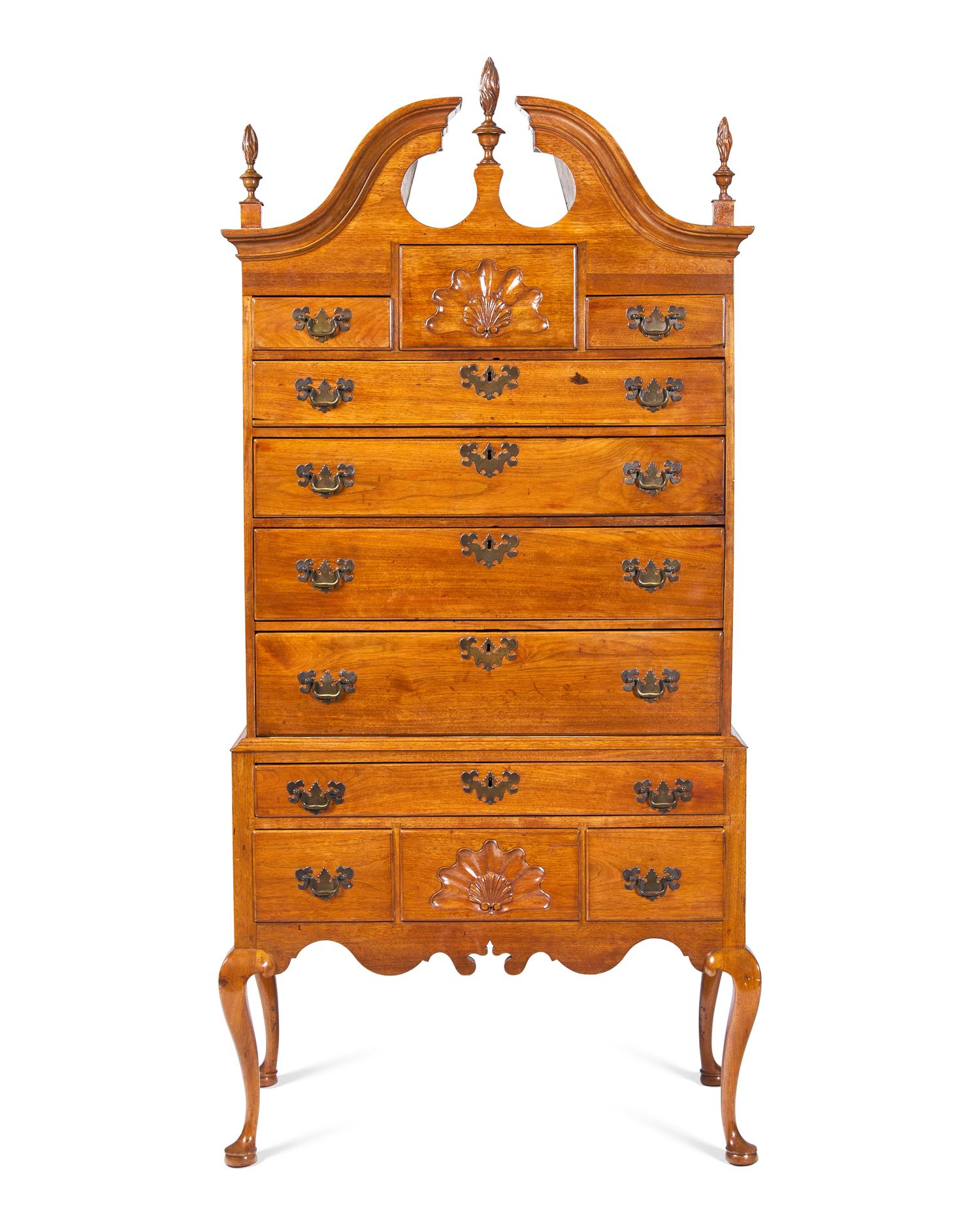 A Queen Anne Carved Walnut High Chest Of Drawers