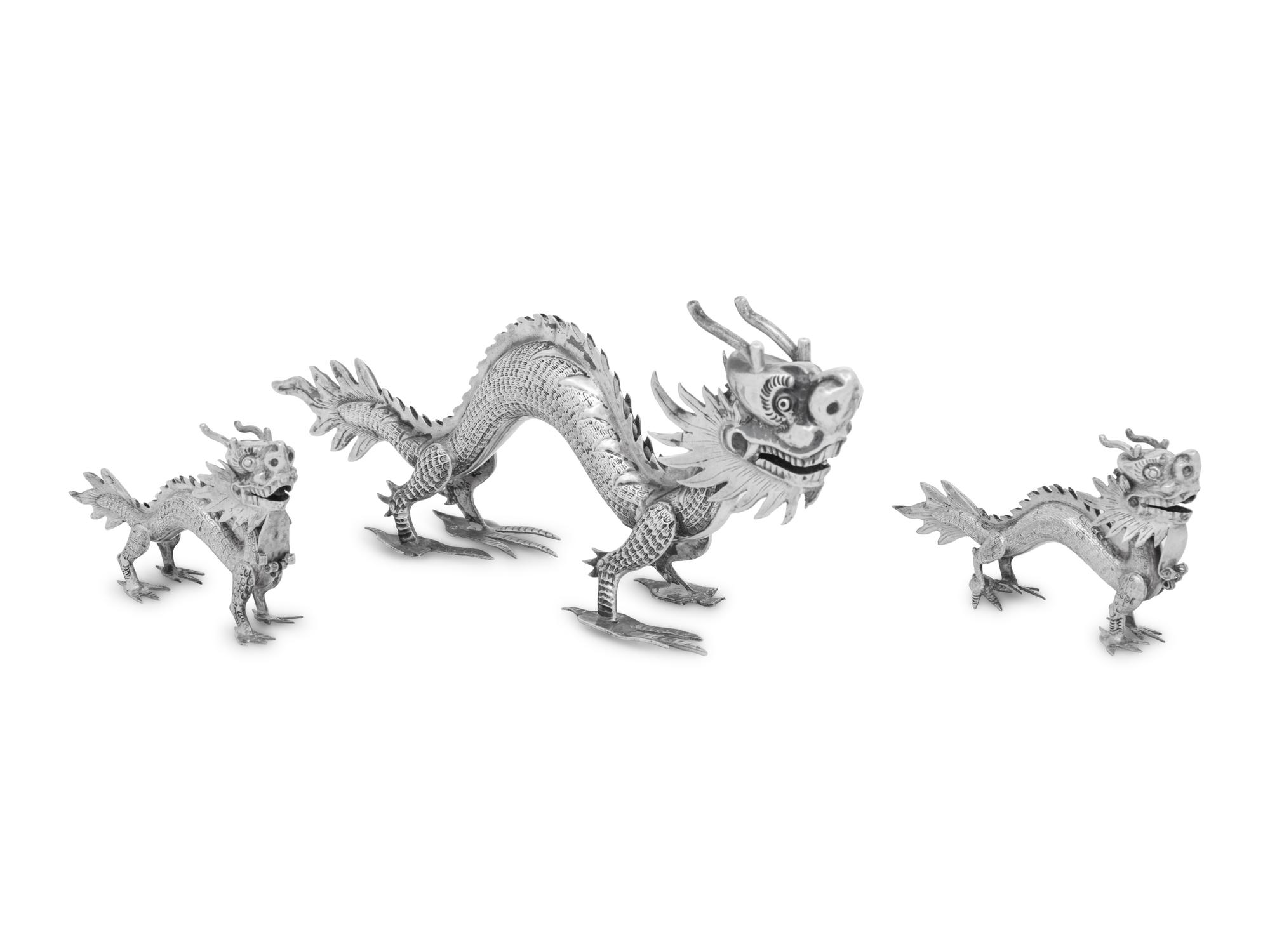 Three Chinese Export Silver Models of Dragons