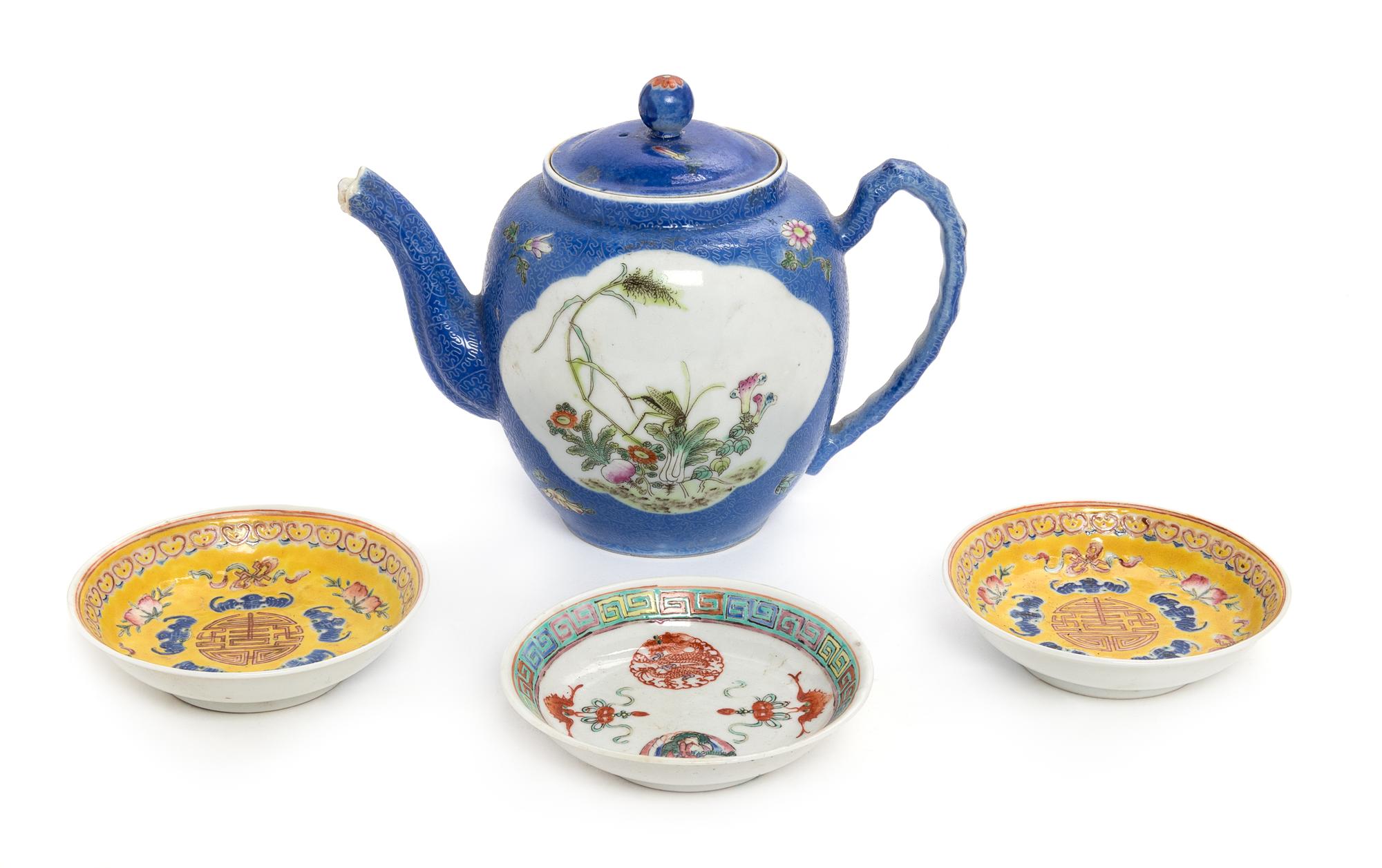 Four Chinese Famille Rose Porcelain Wares Height of teapot 5 3/4 inches. — LATE 19TH/20TH CENTURY