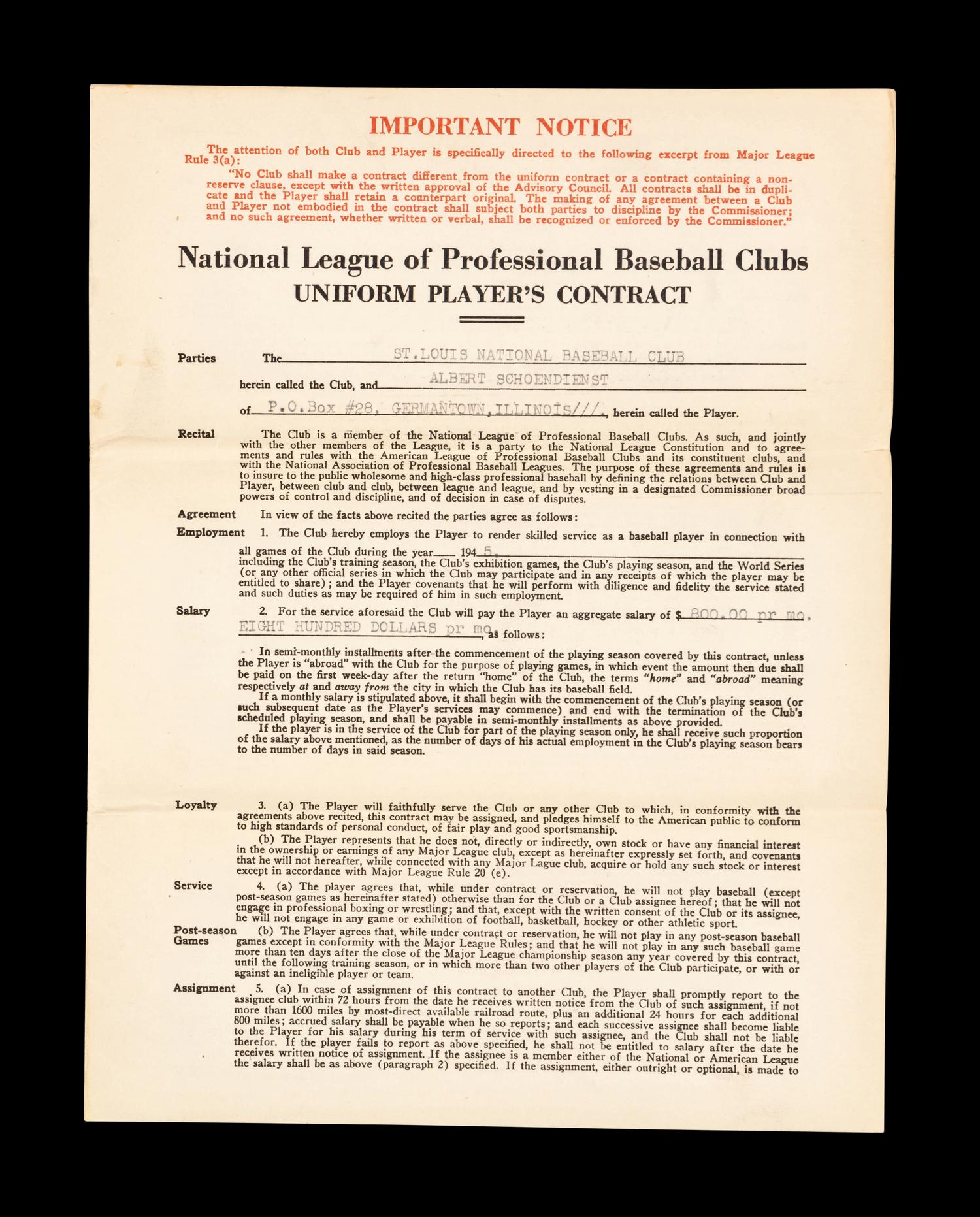 Red Schoendienst's 1945 Rookie St. Louis Cardinals Players Contract