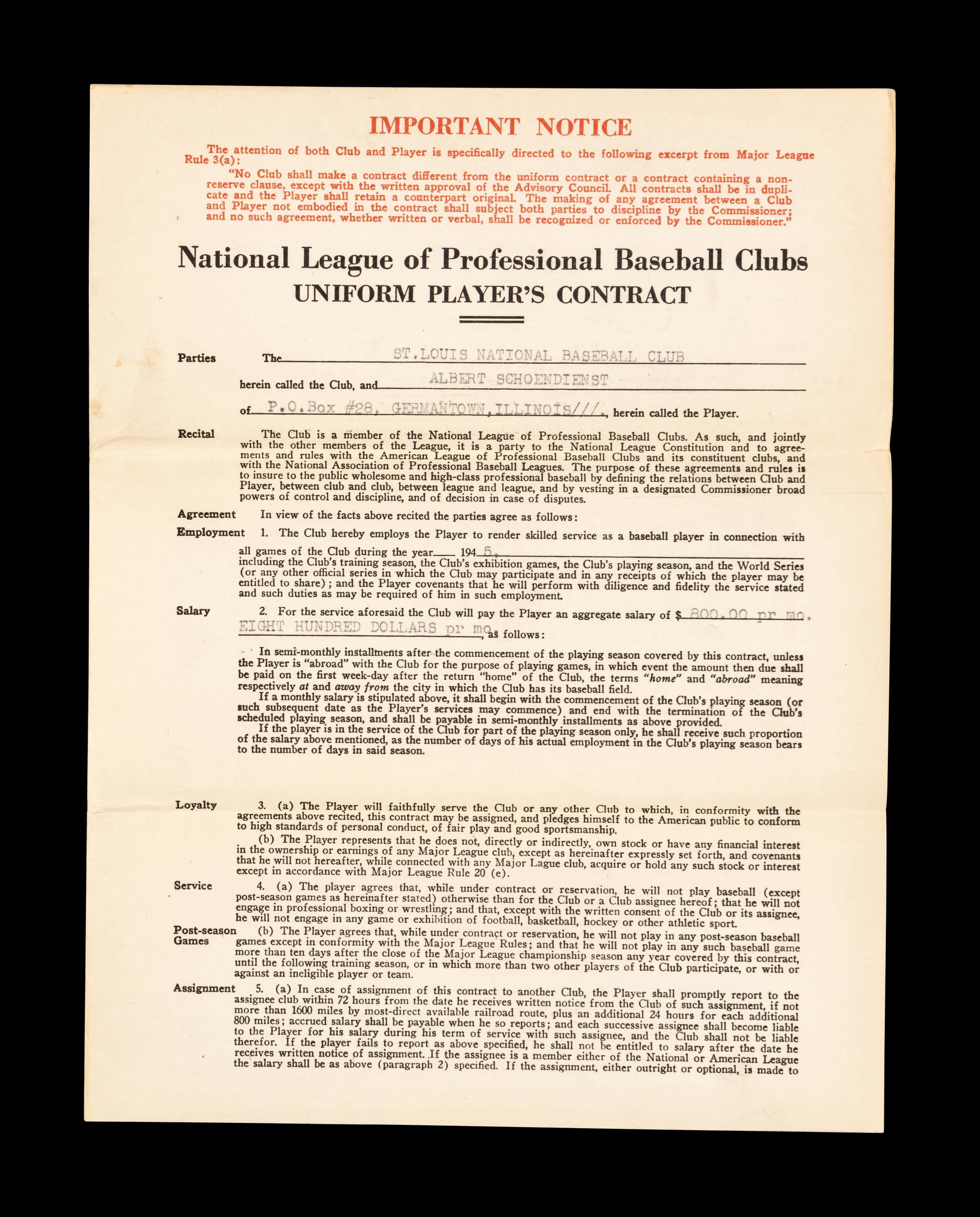 Red Schoendienst's 1945 Rookie St. Louis Cardinals Players Contract