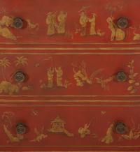 A Red and Gilt Chinoiserie Decorated Commode with Faux Marble Top