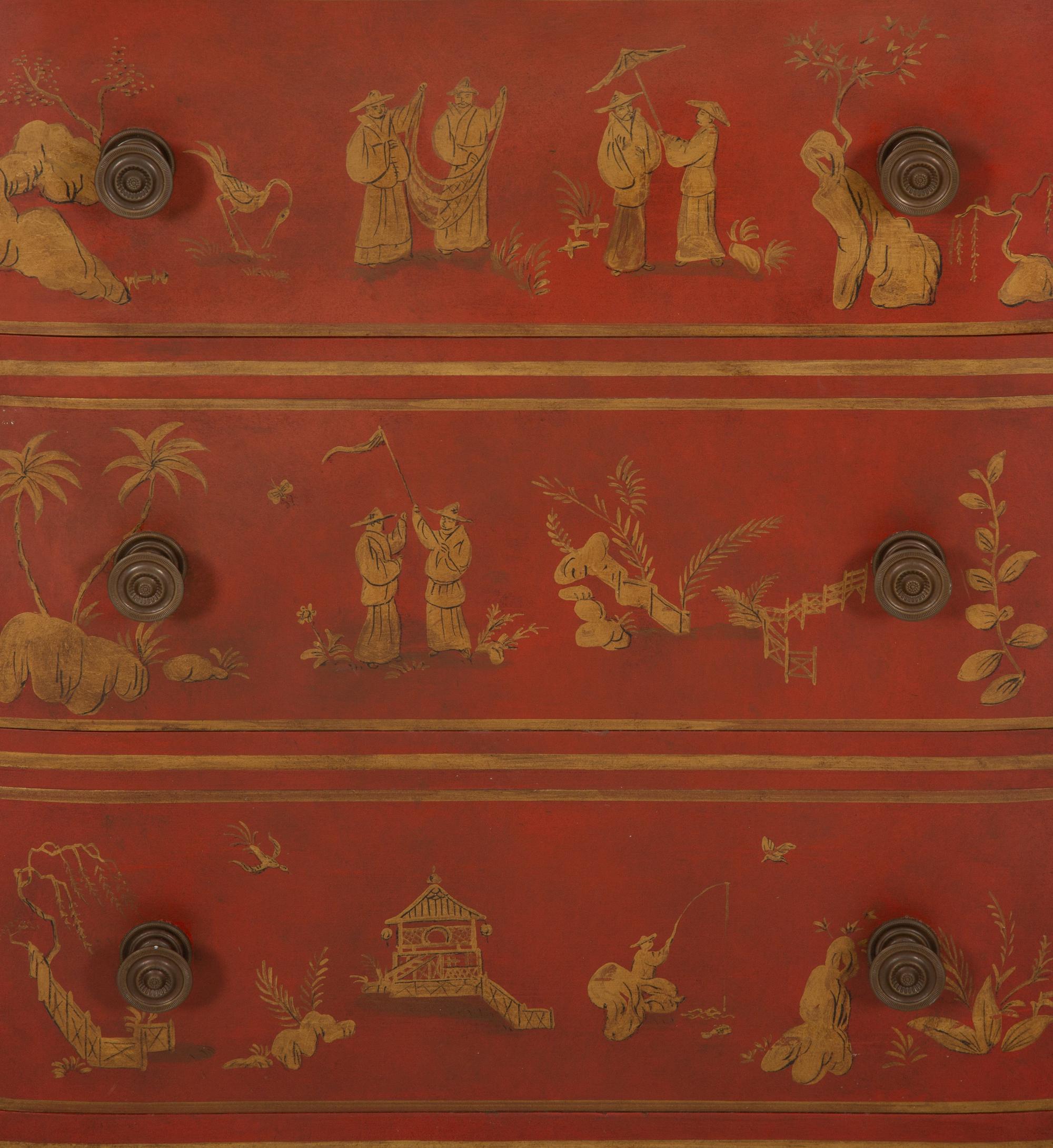 A Red and Gilt Chinoiserie Decorated Commode with Faux Marble Top