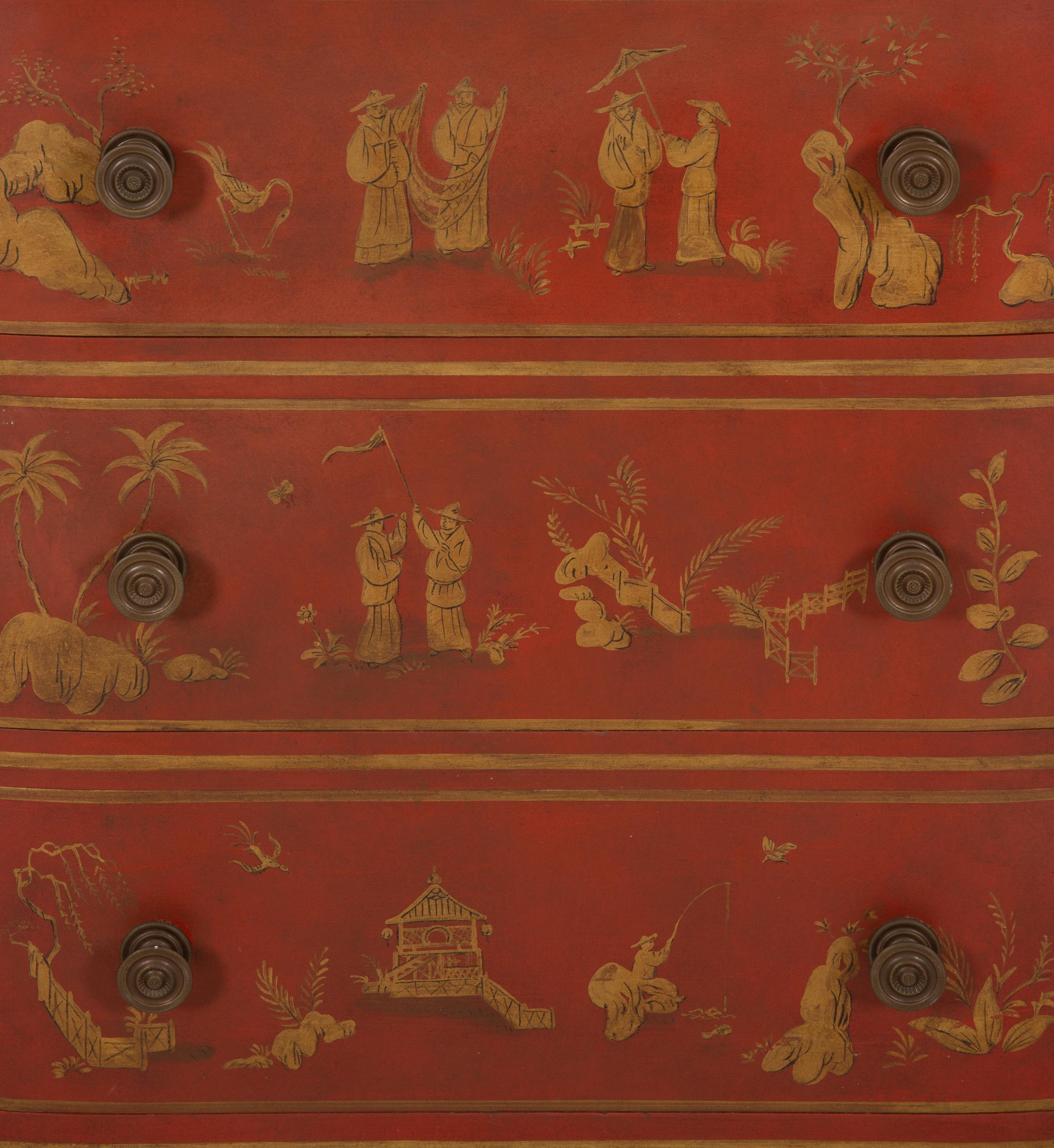 A Red and Gilt Chinoiserie Decorated Commode with Faux Marble Top