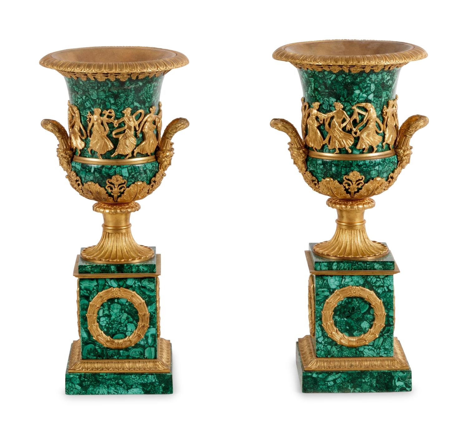 A Pair of Empire Style Gilt Bronze Mounted Malachite Veneered Urns
