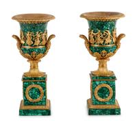 A Pair of Empire Style Gilt Bronze Mounted Malachite Veneered Urns