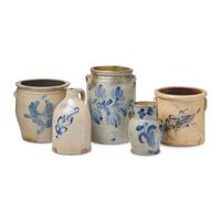 Five Variously Glazed and Decorated Stoneware Crocks and Jugs