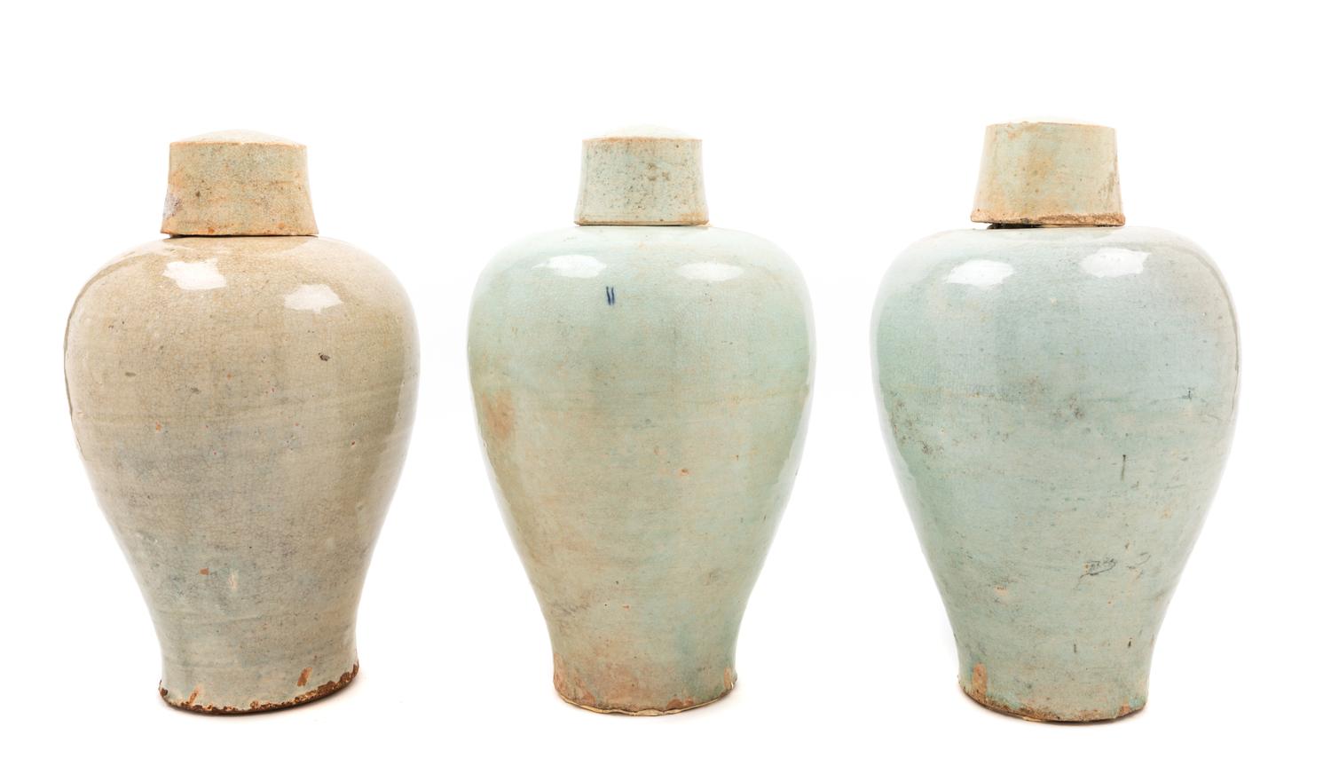 Three Qingbai Glazed Porcelain Covered Vases Height 13 inches. — YUAN DYNASTY (1279-1368 C.E.)