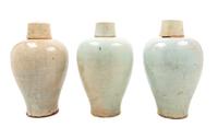 Three Qingbai Glazed Porcelain Covered Vases Height 13 inches. — YUAN DYNASTY (1279-1368 C.E.)