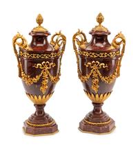 A Pair of Gilt Bronze Mounted Rouge Griotte Marble Urns