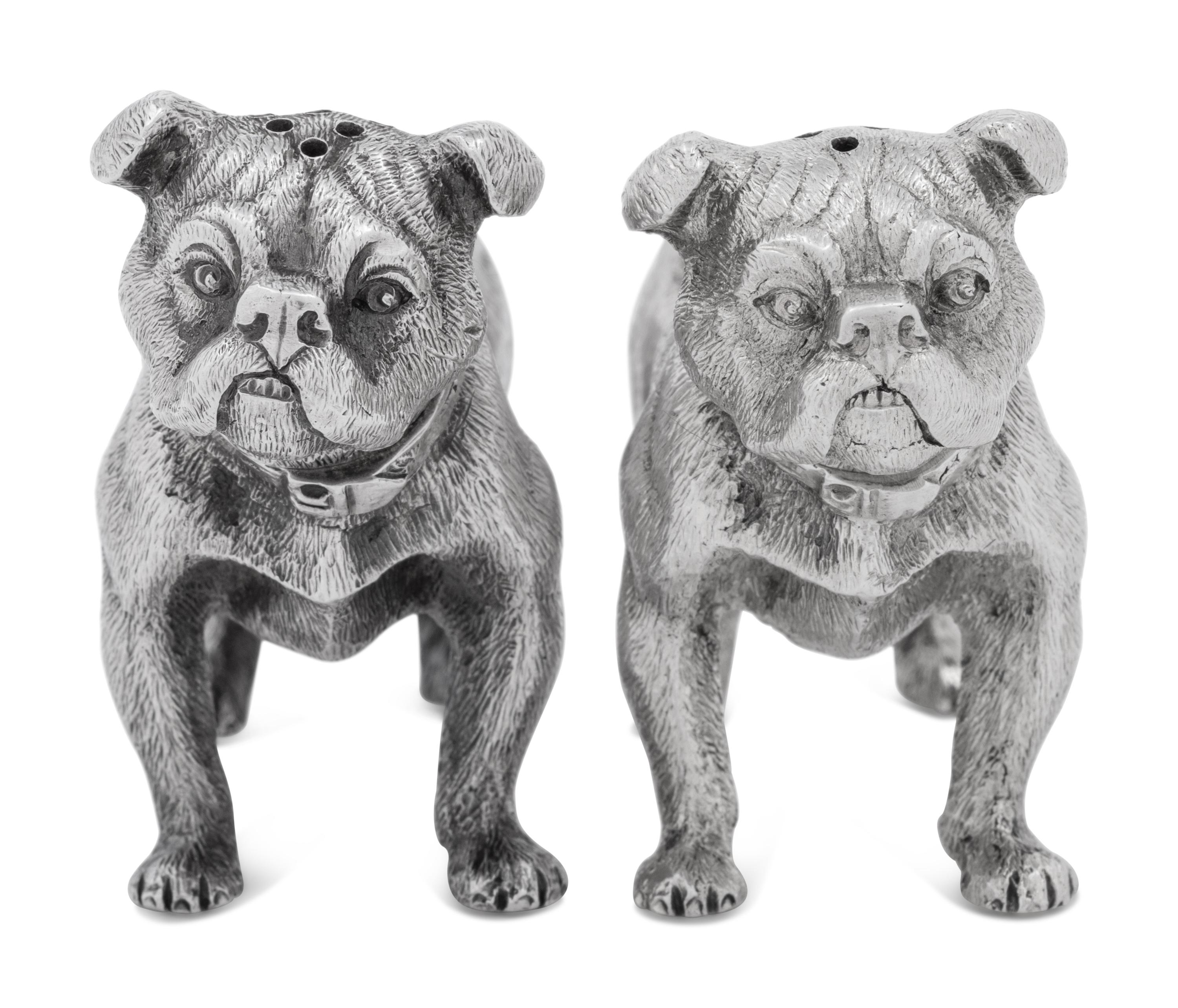 A Pair of Silver Salt and Pepper Shakers in the Form of Bulldogs