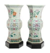A Pair of Large Chinese Famille Rose Porcelain Hexagonal Gu -Form Stands